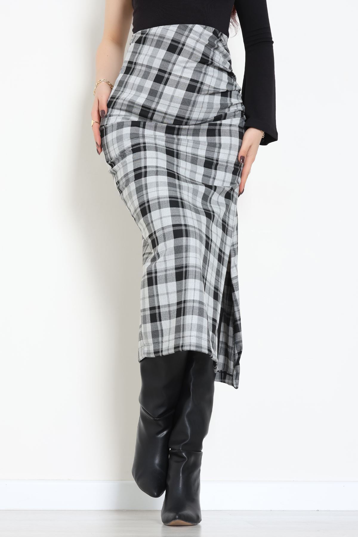 Yan Büzgülü Etek Gri - 60565.2126.