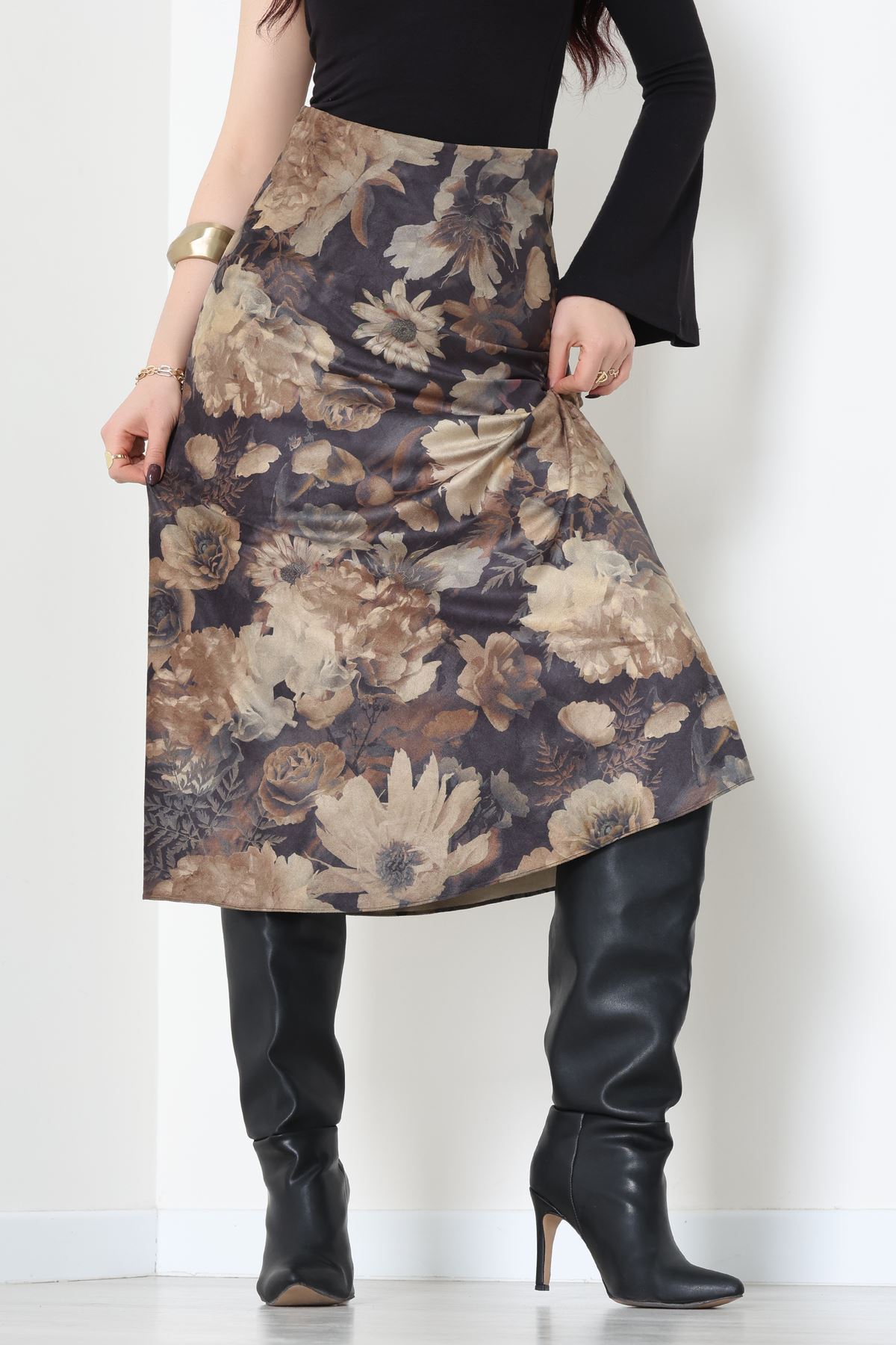 Desenli Süet Etek Haki2 - 6984.2126.