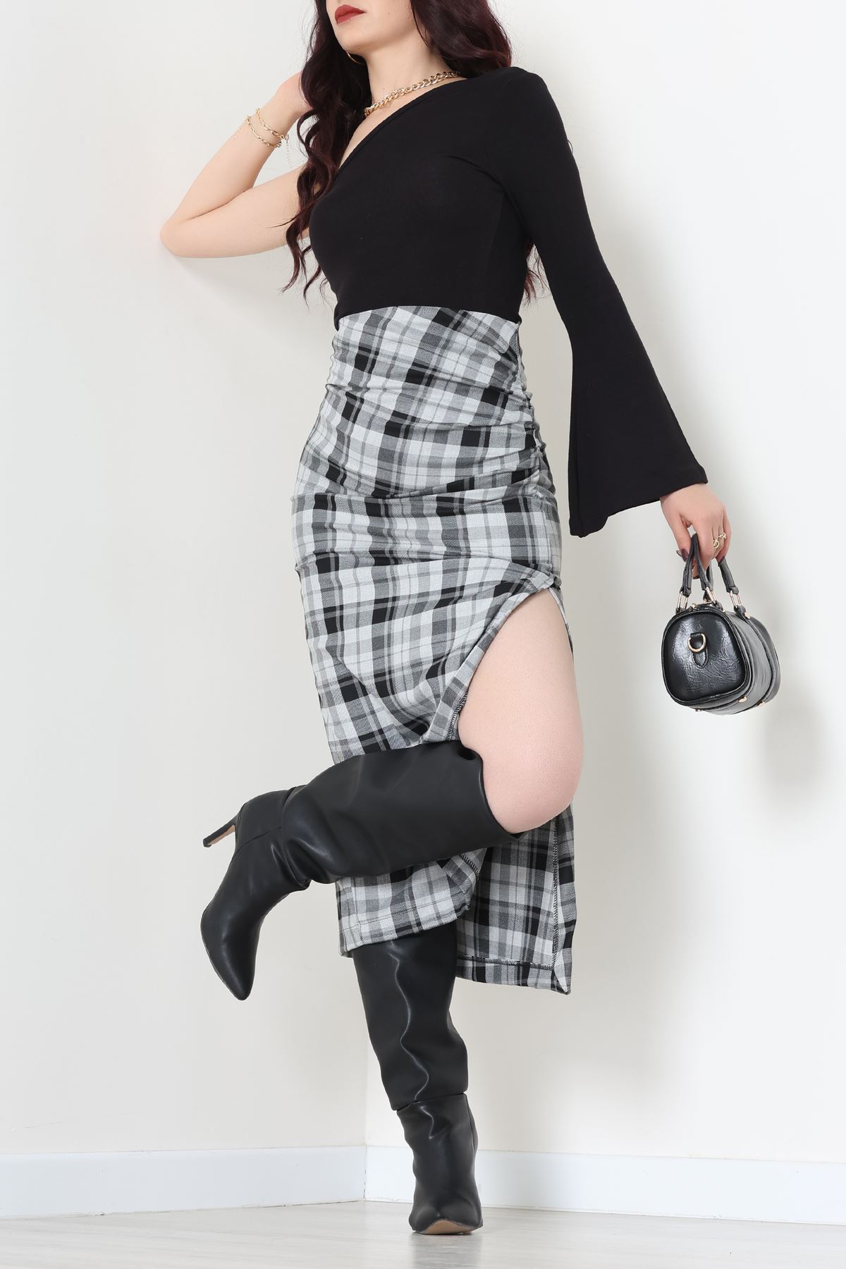 Yan Büzgülü Etek Gri - 60565.2126.