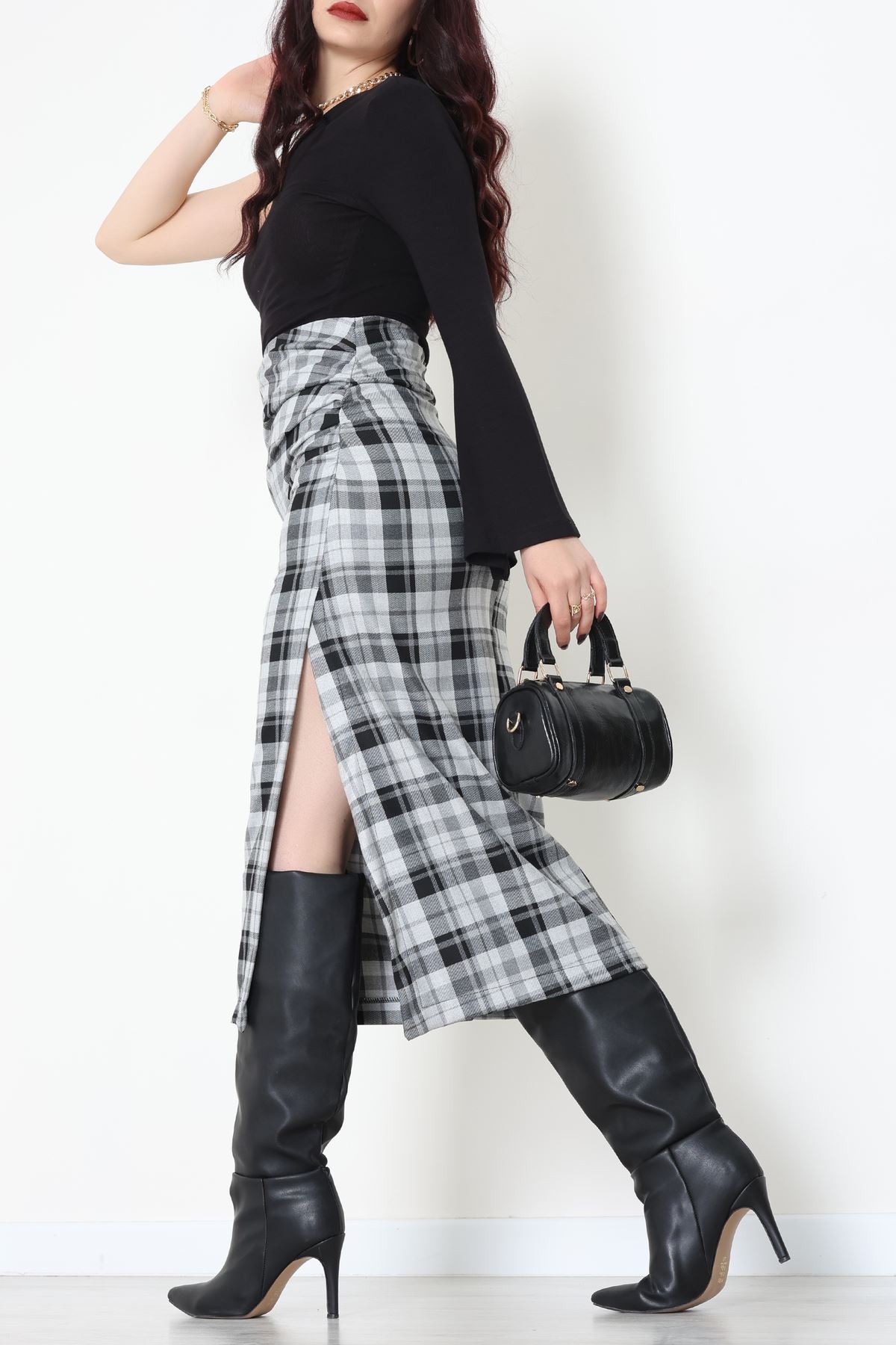 Yan Büzgülü Etek Gri - 60565.2126.