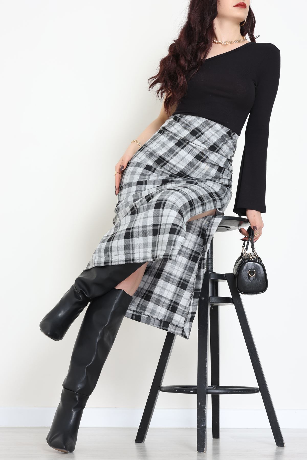 Yan Büzgülü Etek Gri - 60565.2126.