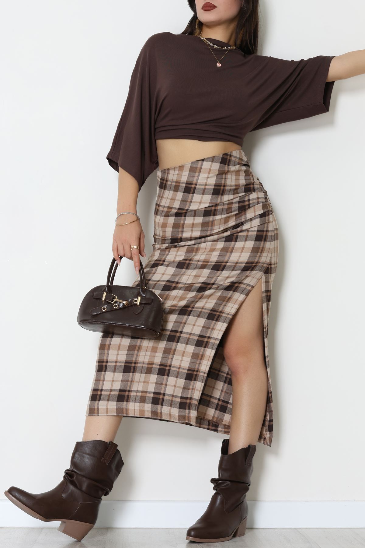 Yan Büzgülü Etek Vizon - 60565.2126.