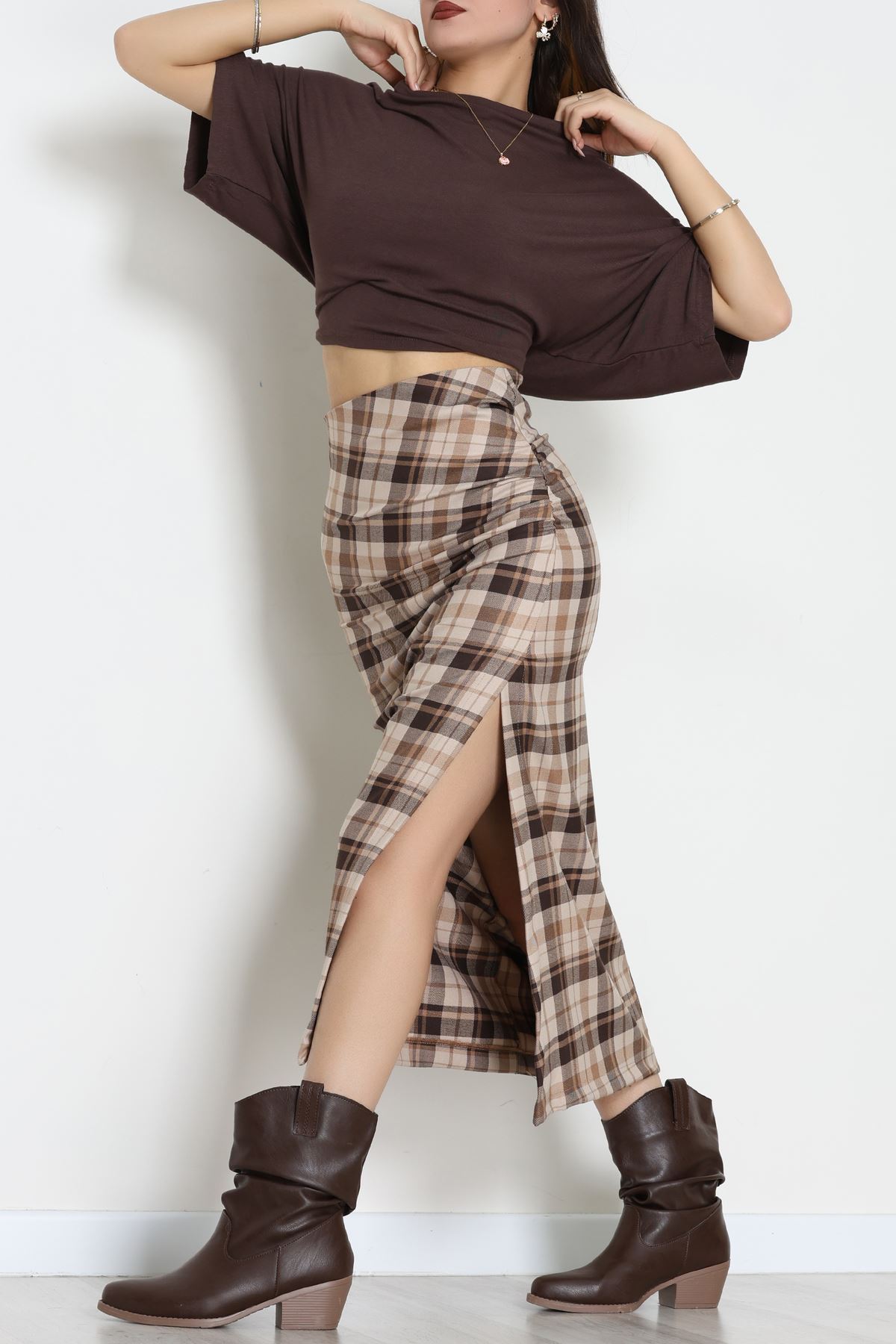 Yan Büzgülü Etek Vizon - 60565.2126.