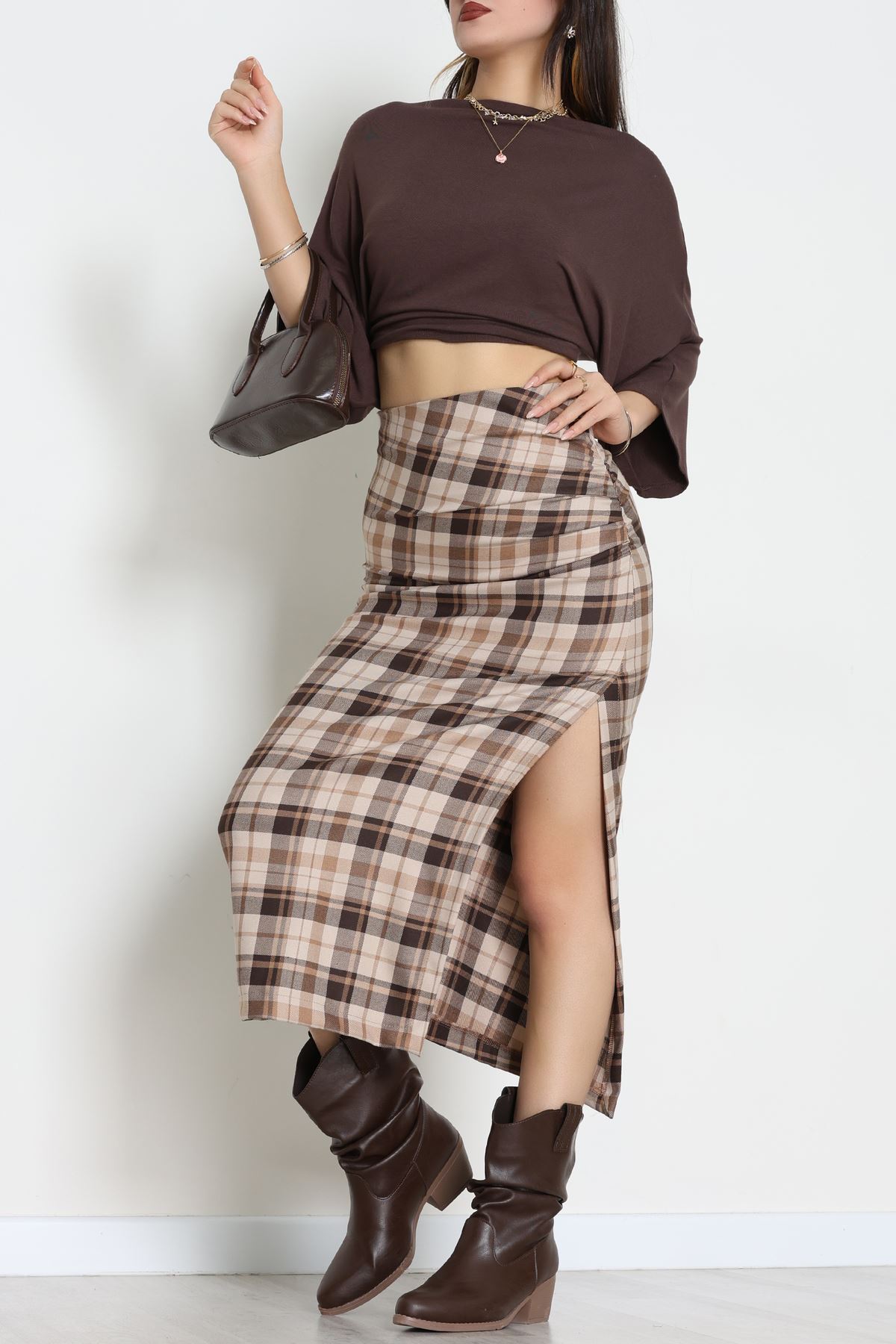 Yan Büzgülü Etek Vizon - 60565.2126.