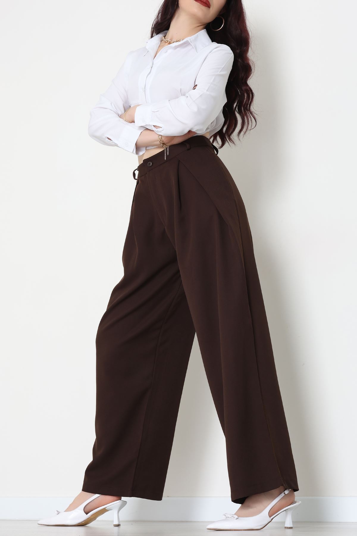 Dabıl Kumaş Pile Detaylı Pantolon Acıkahve - 51610.683.