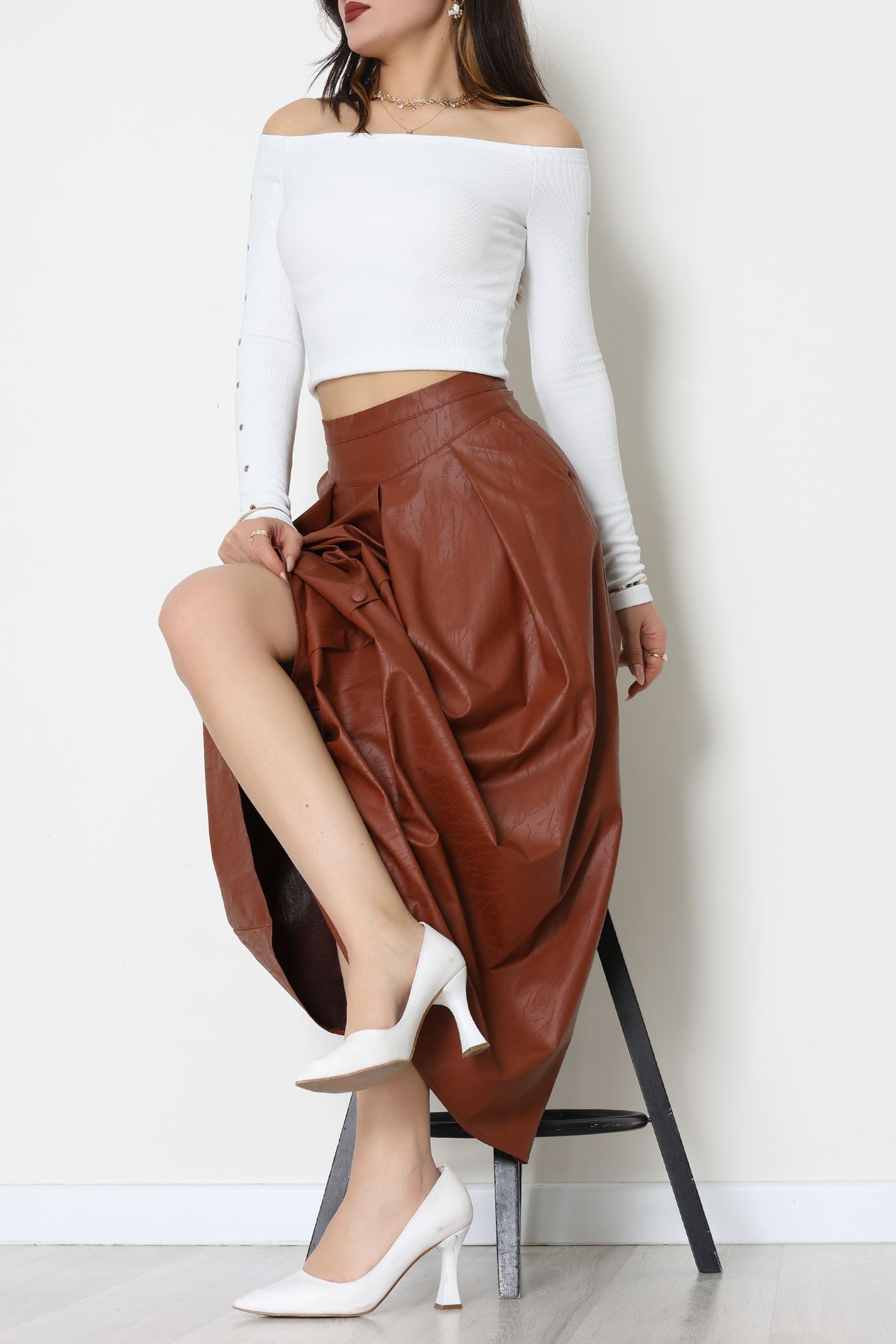 Düğmeli Deri Etek Kahve - 60654.2126.