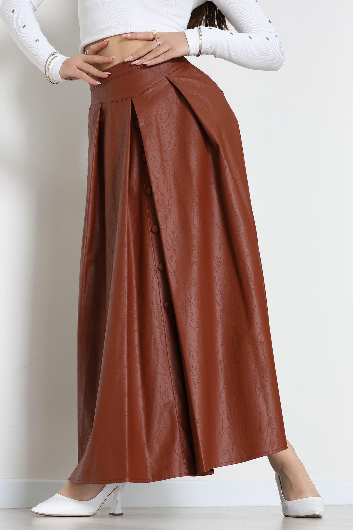Düğmeli Deri Etek Kahve - 60654.2126.