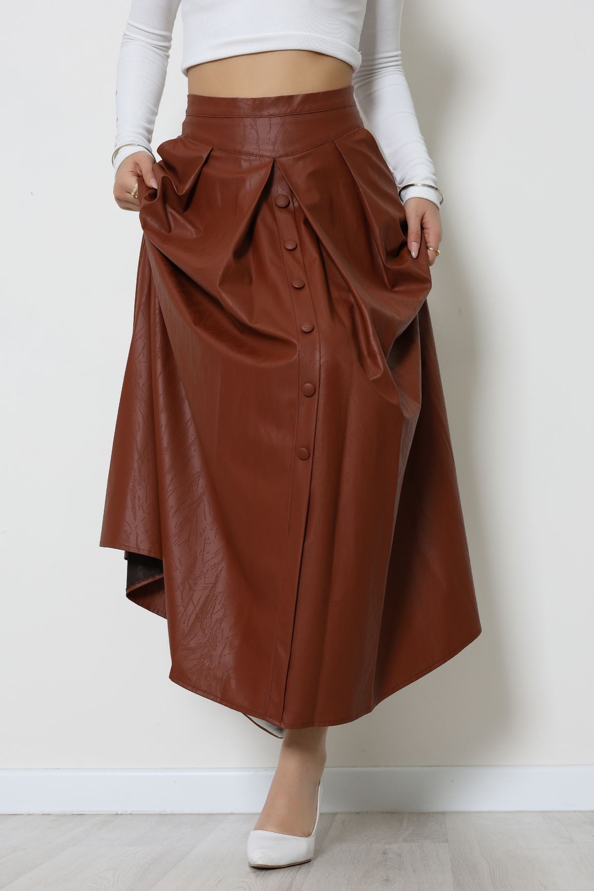 Düğmeli Deri Etek Kahve - 60654.2126.