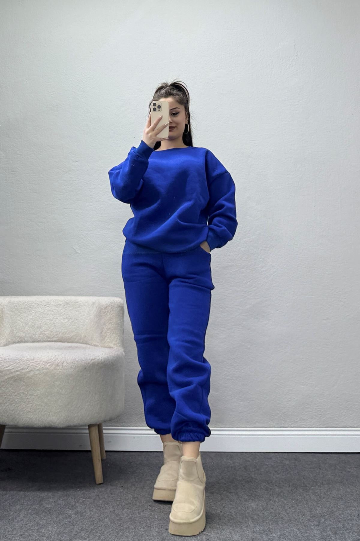 3 İplik Bisiklet Yaka Eşofman Takımı Saks - 20779.1878.