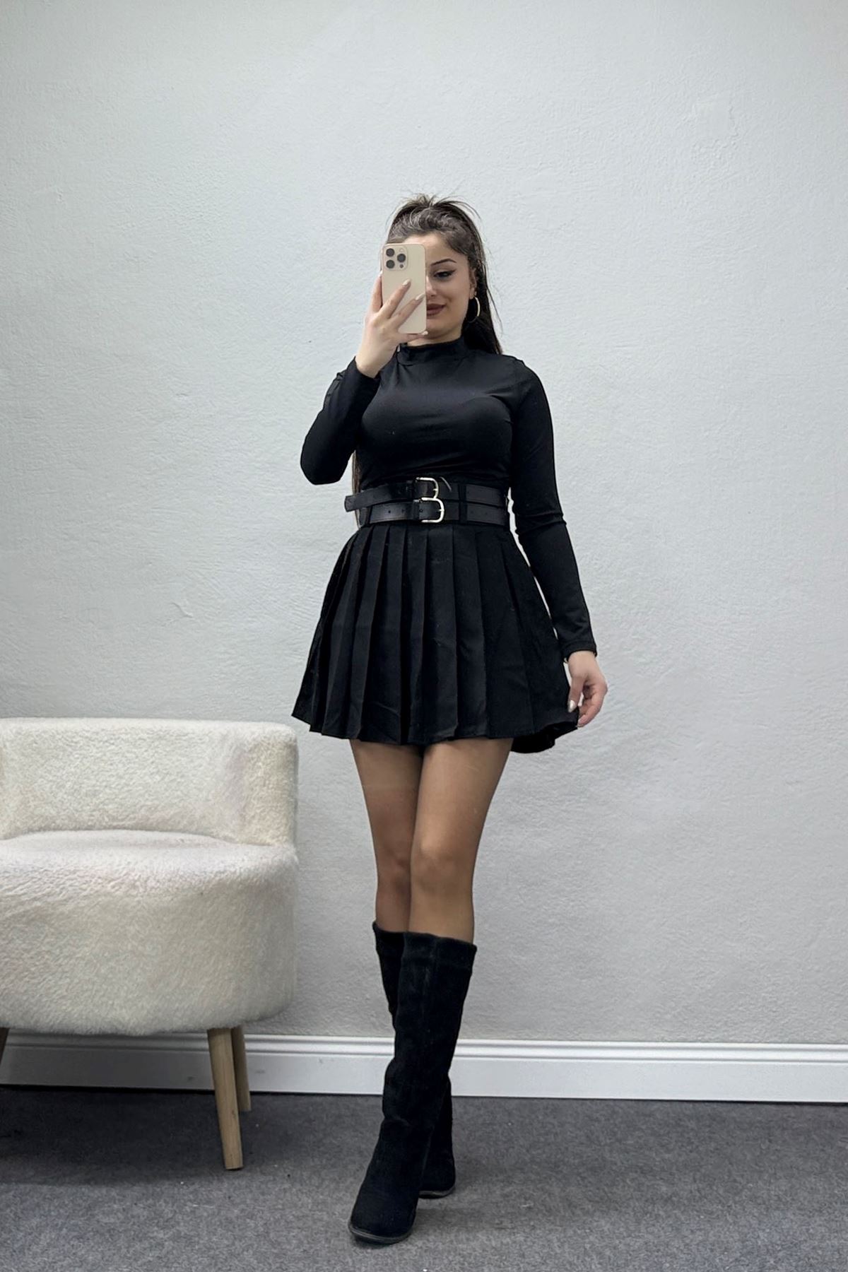 Pileli Çift Kemerli Etek Siyah - 3239.1995.