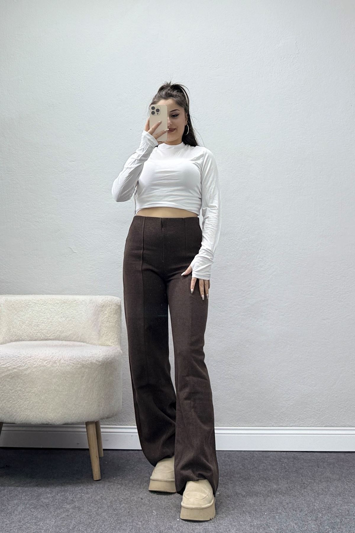 Selanik Kumaş Bel Lastikli Çımalı Pantolon Kahve - 51226.1567.