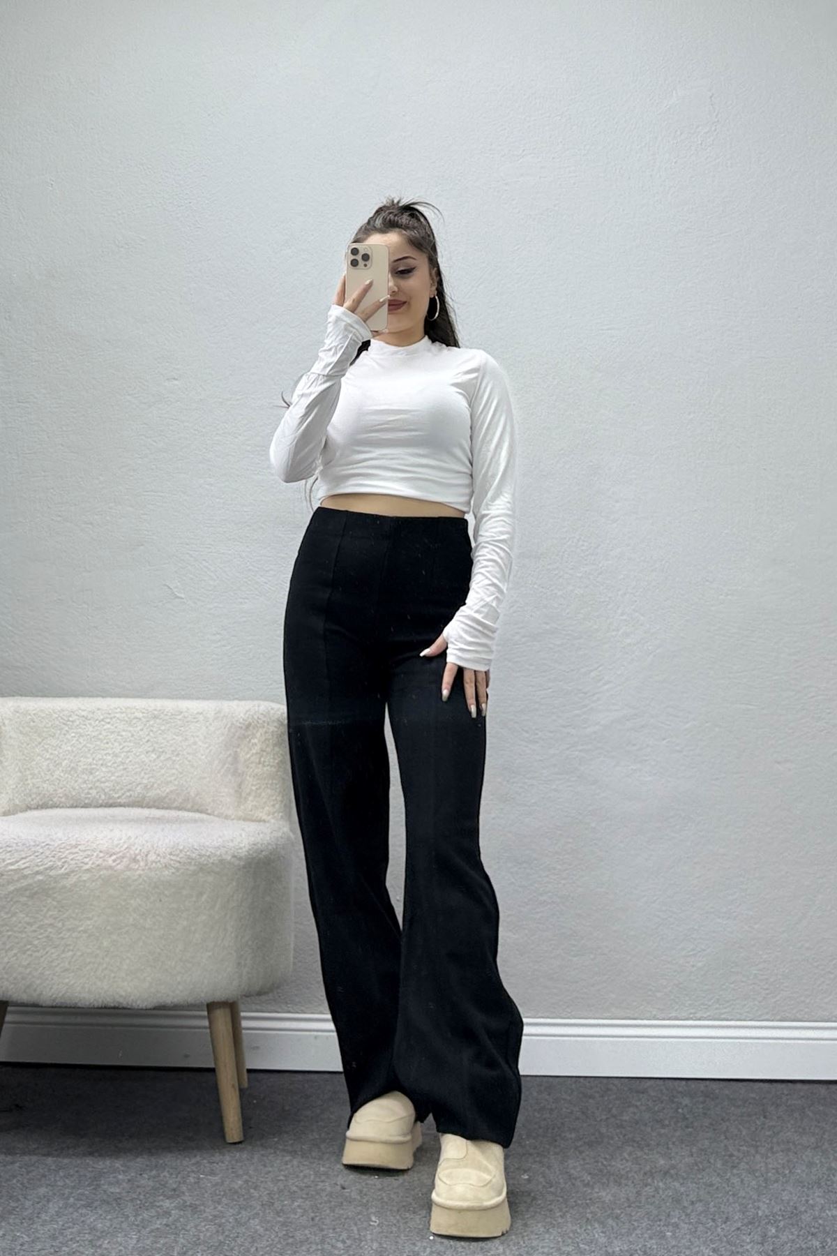 Selanik Kumaş Bel Lastikli Çımalı Pantolon Siyah - 51226.1567.