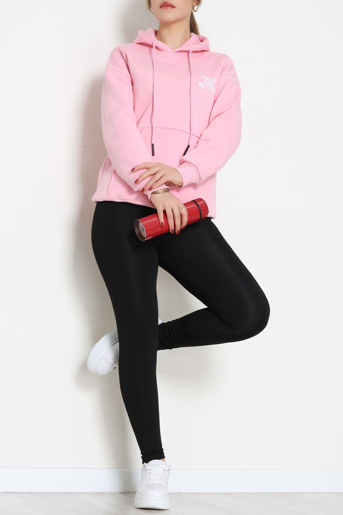 3 İplik Kanguru Cepli Kapşonlu Sweat Pembebeyaz - 42257.1878.