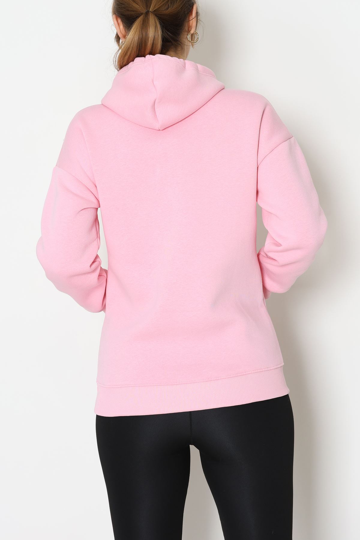 3 İplik Kanguru Cepli Kapşonlu Sweat Pembebeyaz - 42257.1878.