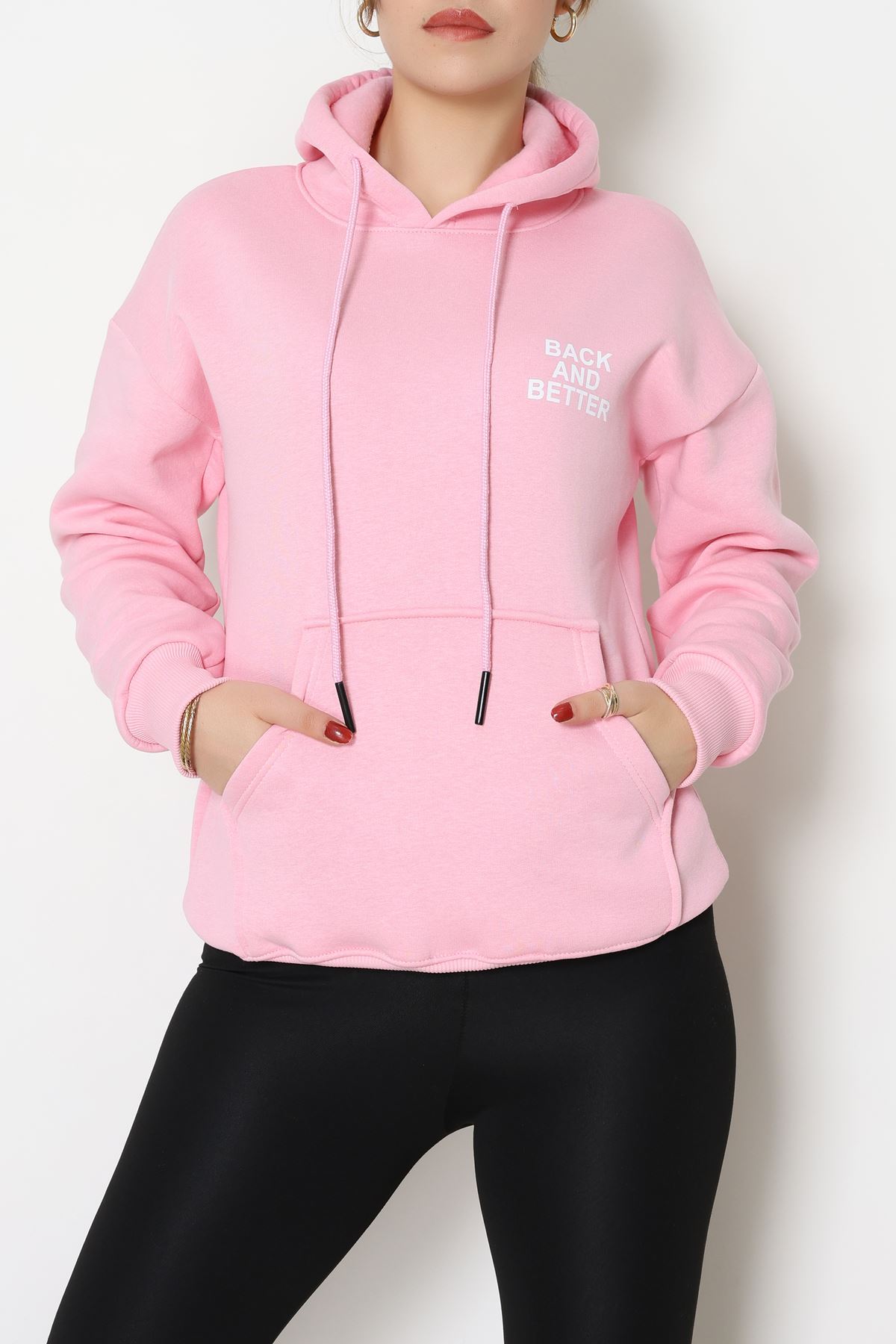 3 İplik Kanguru Cepli Kapşonlu Sweat Pembebeyaz - 42257.1878.