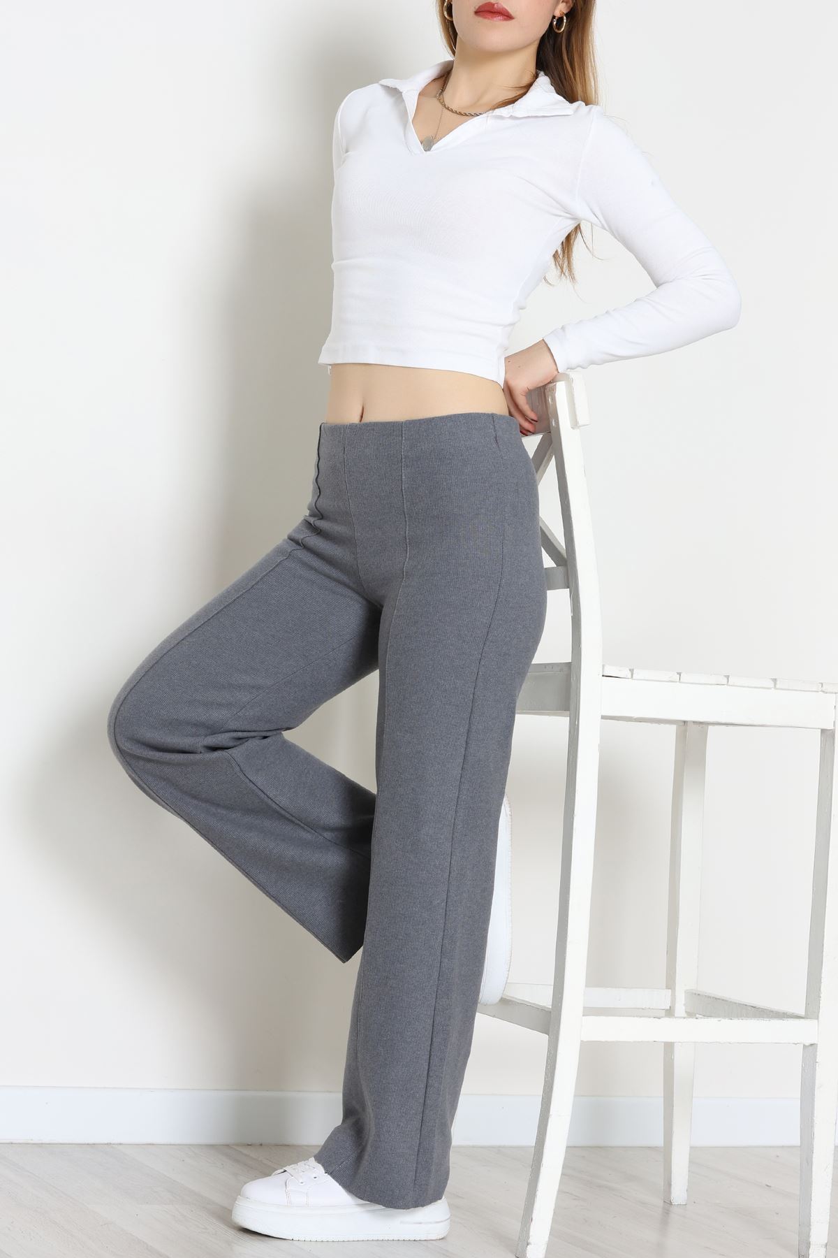 Selanik Kumaş Bel Lastikli Çımalı Pantolon Antrasit - 51226.1567.