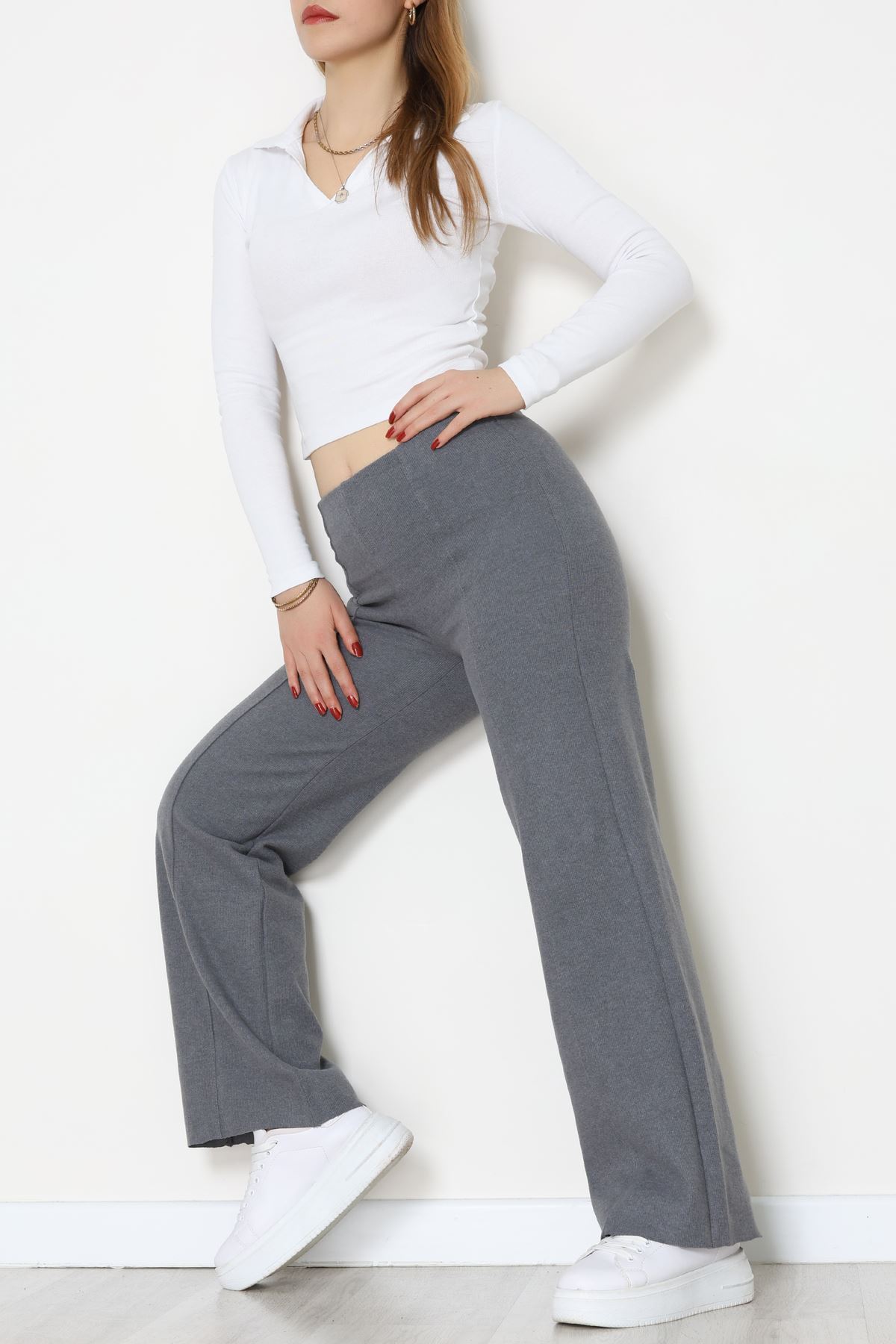 Selanik Kumaş Bel Lastikli Çımalı Pantolon Antrasit - 51226.1567.