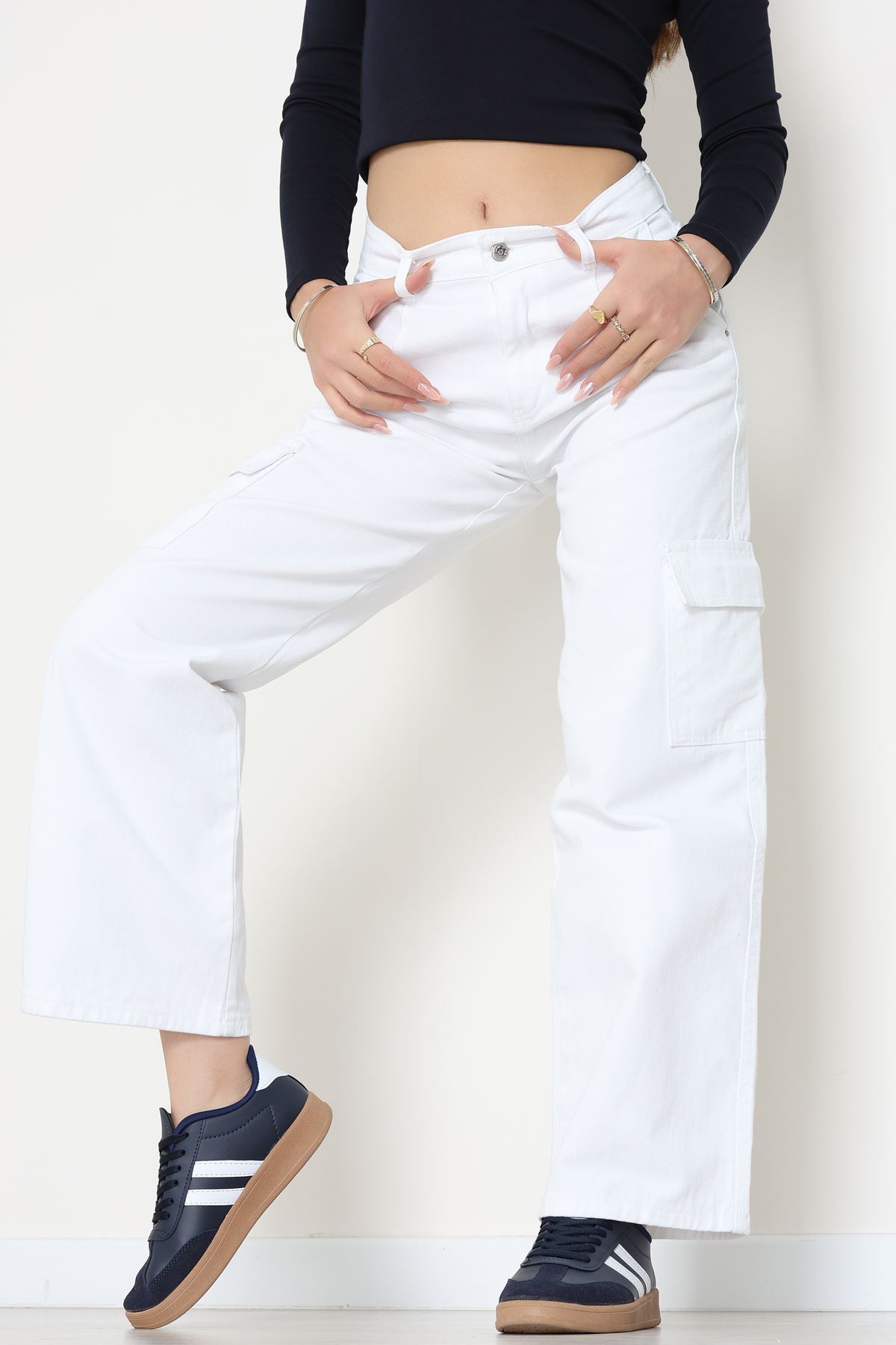 Kargo Cep Palazzo Kot Pantolon Beyaz - 31849.2121.