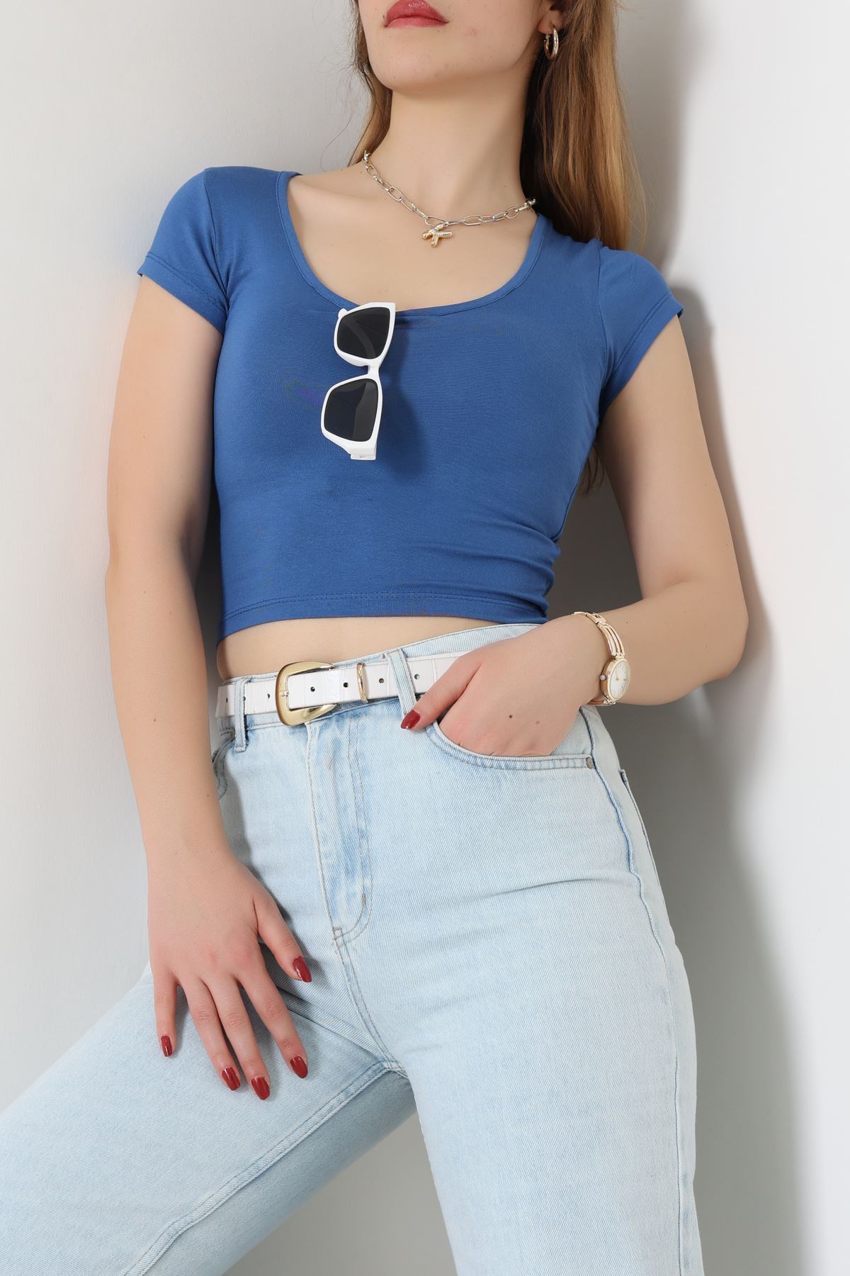 Viskon Yuvarlak Yaka Kısa Kollu Body Mavi - 7100.2127.