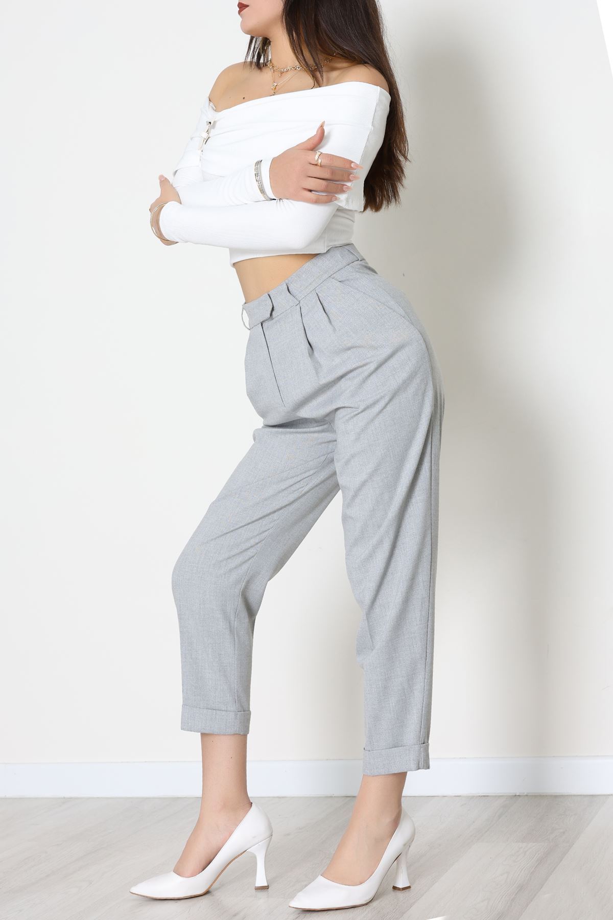 Pileli Baggy Poliviskon Pantolon Gri - 51089.1995.