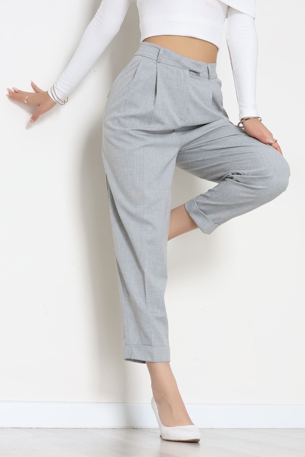 Pileli Baggy Poliviskon Pantolon Gri - 51089.1995.