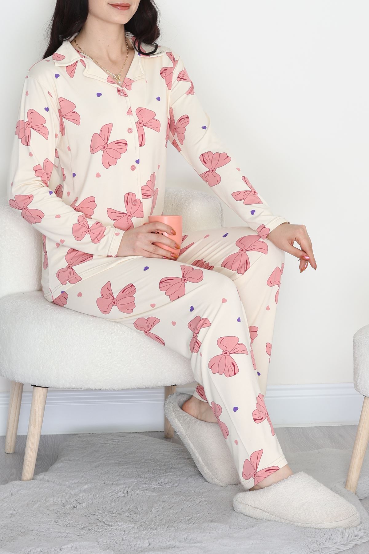 Soft Milan Düğmeli Pijama Takımı Krem - 7511.1287.