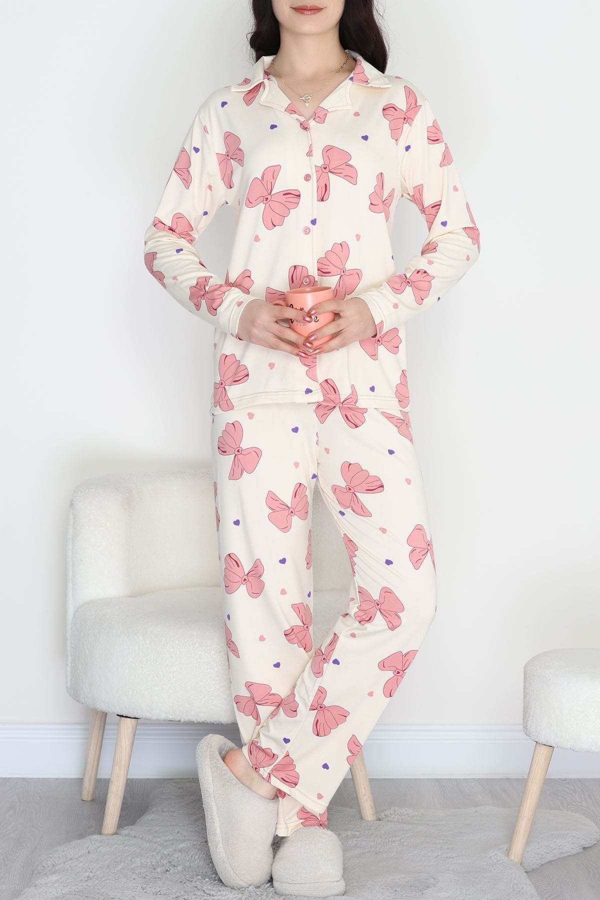 Soft Milan Düğmeli Pijama Takımı Krem - 7511.1287.