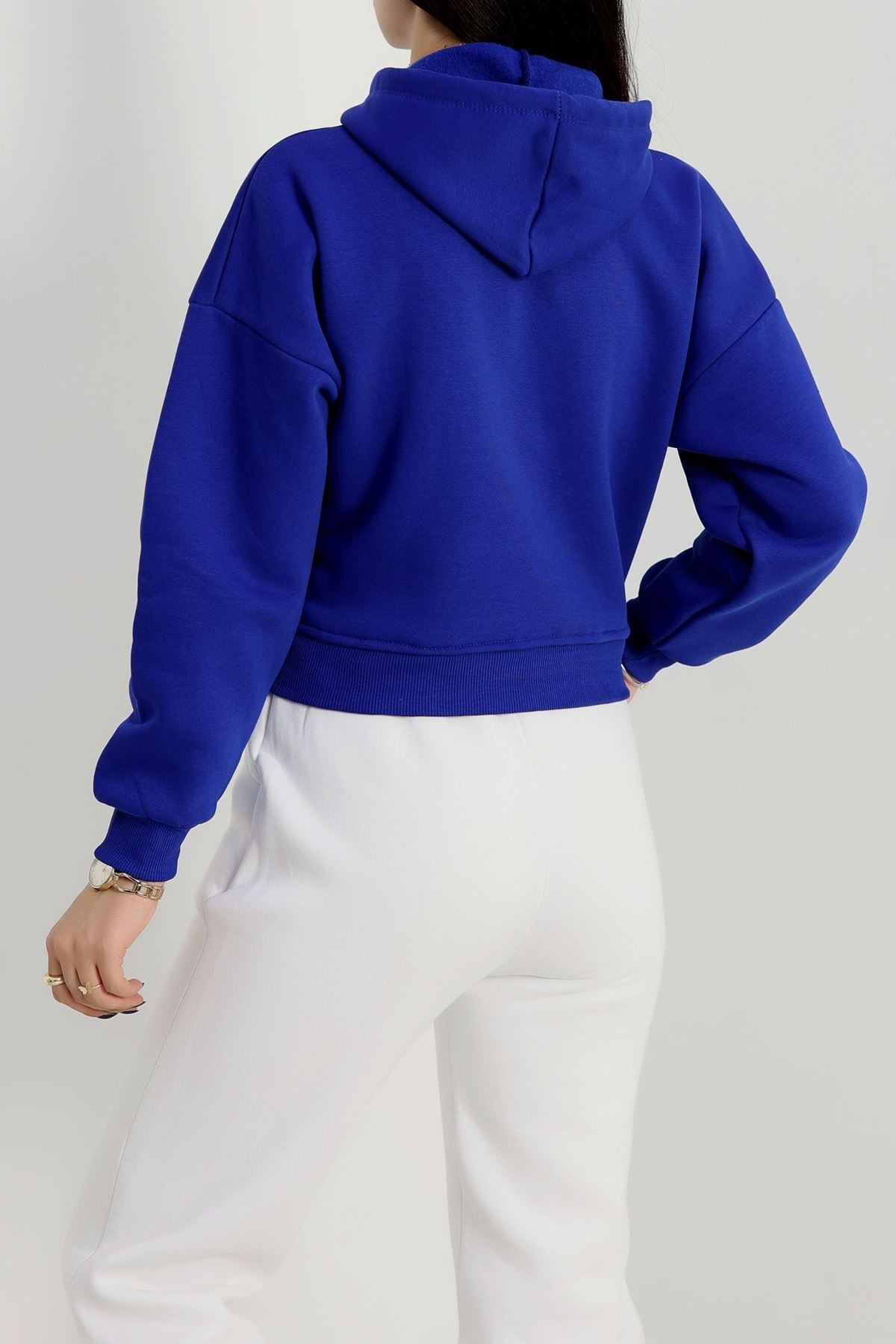 3 İplik Kapşonlu Crop Sweat Saks - 20959.1878.
