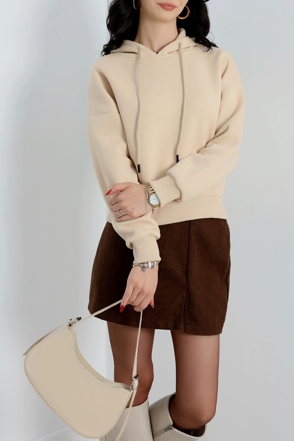 3 İplik Kapşonlu Crop Sweat Bej - 20959.1878.