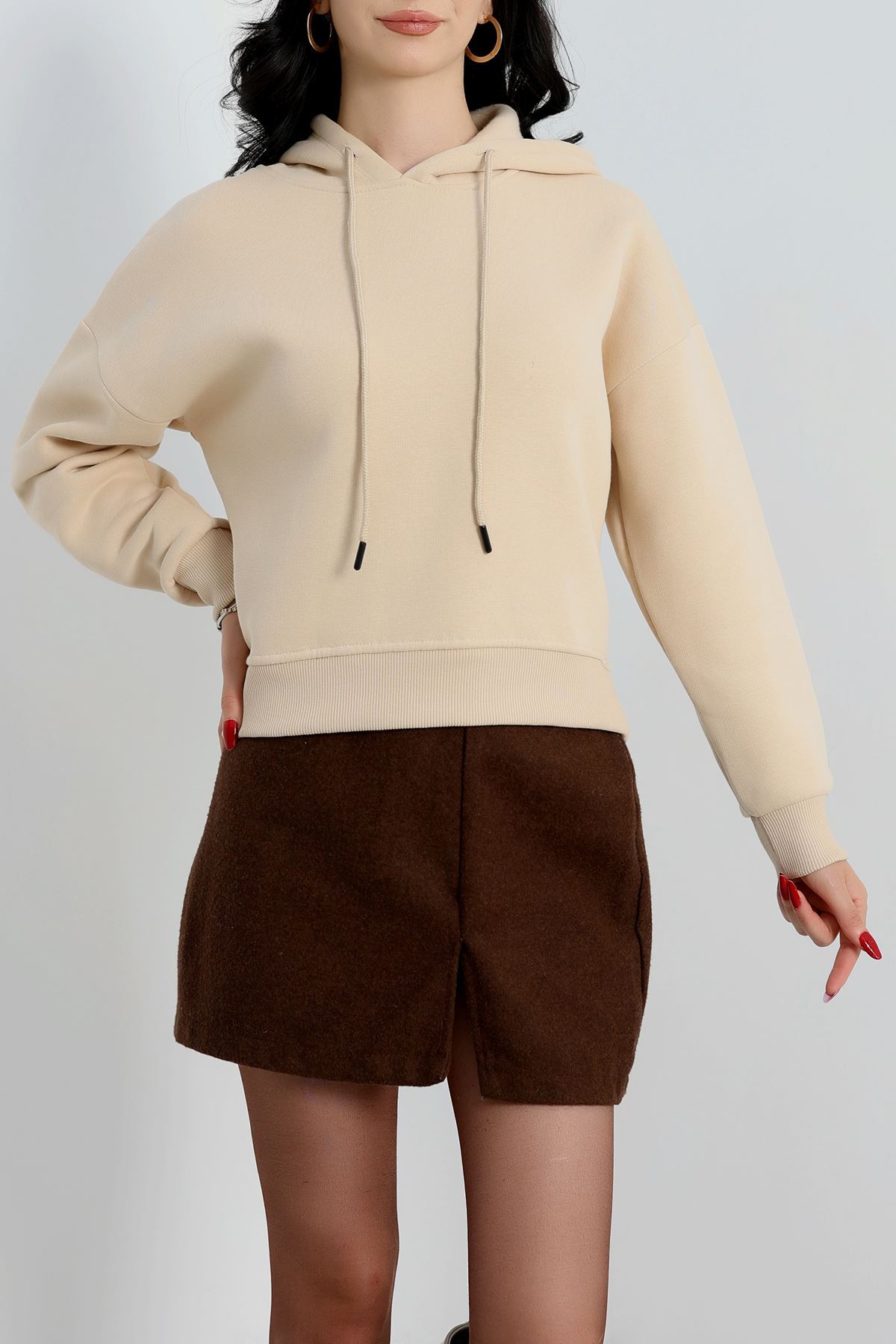 3 İplik Kapşonlu Crop Sweat Bej - 20959.1878.
