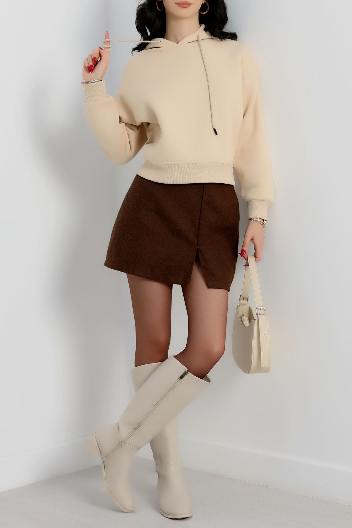 3 İplik Kapşonlu Crop Sweat Bej - 20959.1878.