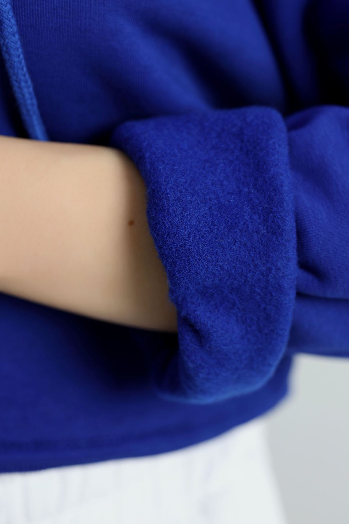 3 İplik Kapşonlu Crop Sweat Saks - 20959.1878.