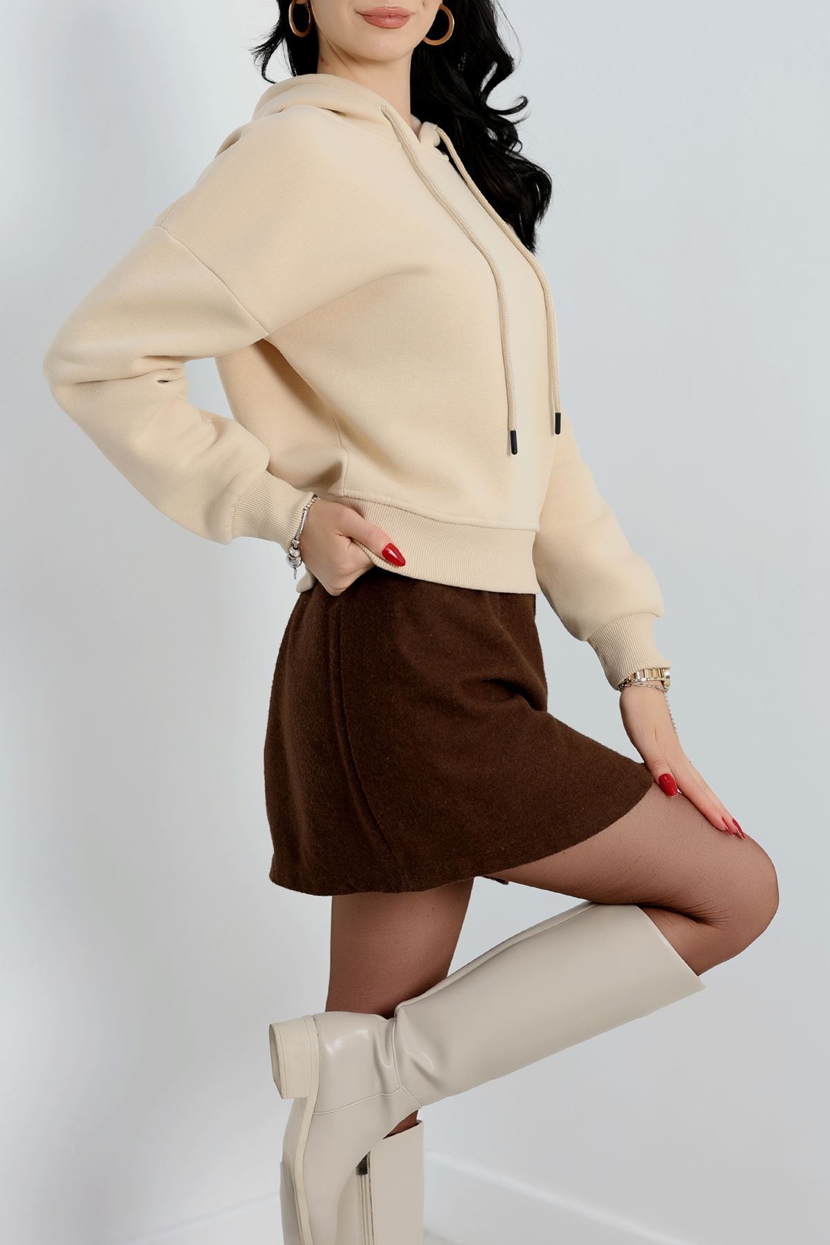 3 İplik Kapşonlu Crop Sweat Bej - 20959.1878.