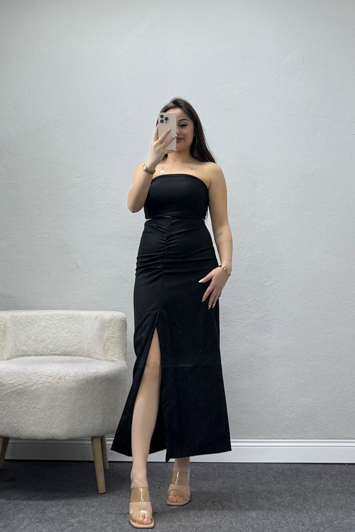 Yan Büzgülü Etek Siyah - 60565.2126.