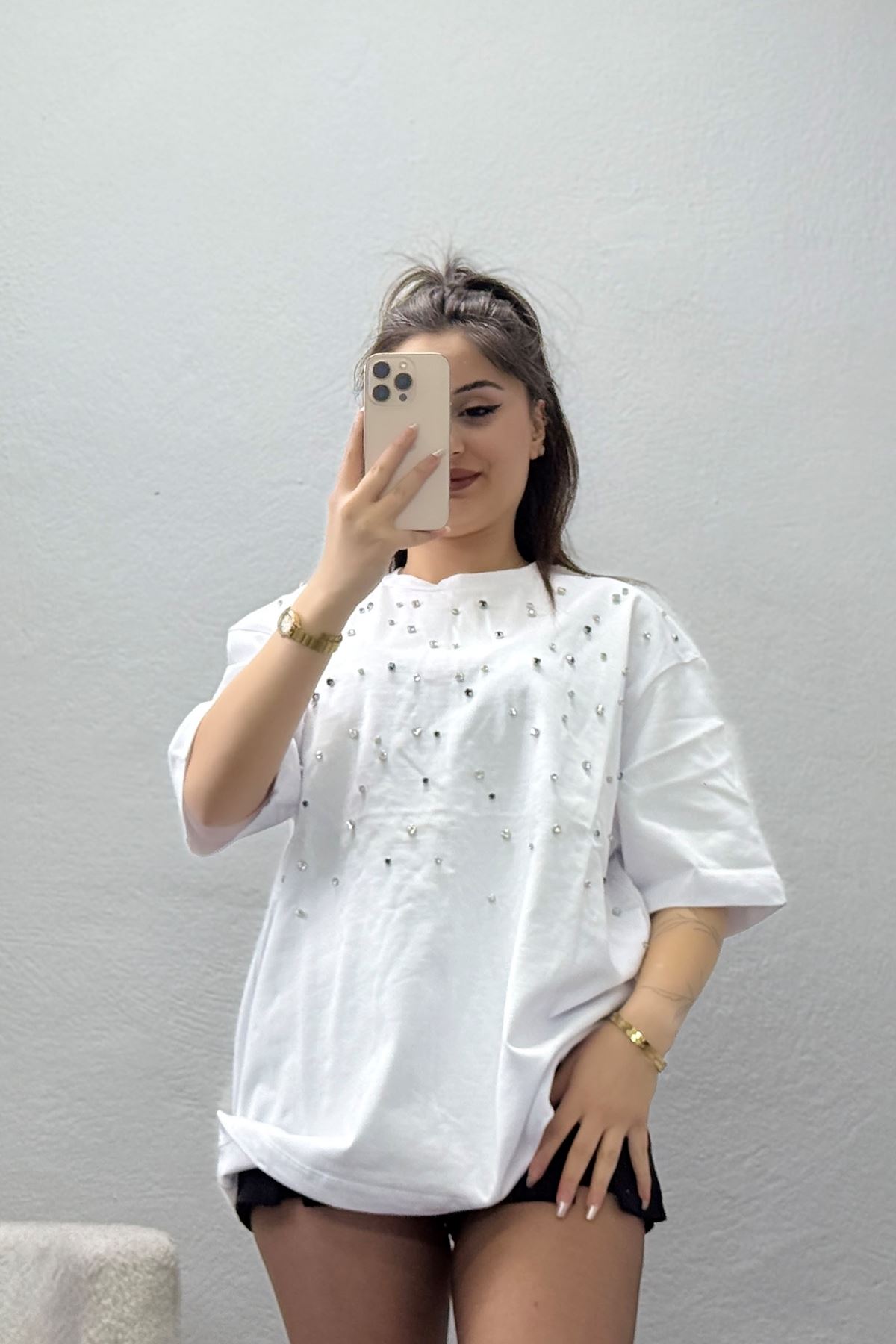 Taşlı Örme Oversize Tişört Beyaz - 50551.444.