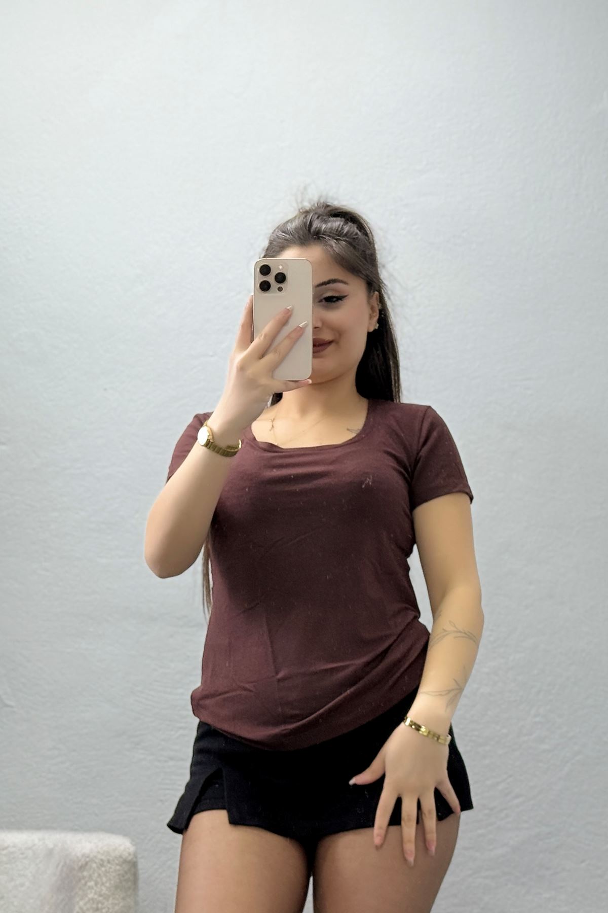 Viskon Yuvarlak Yaka Kısa Kol Body Kahverengi - 70883.2127.