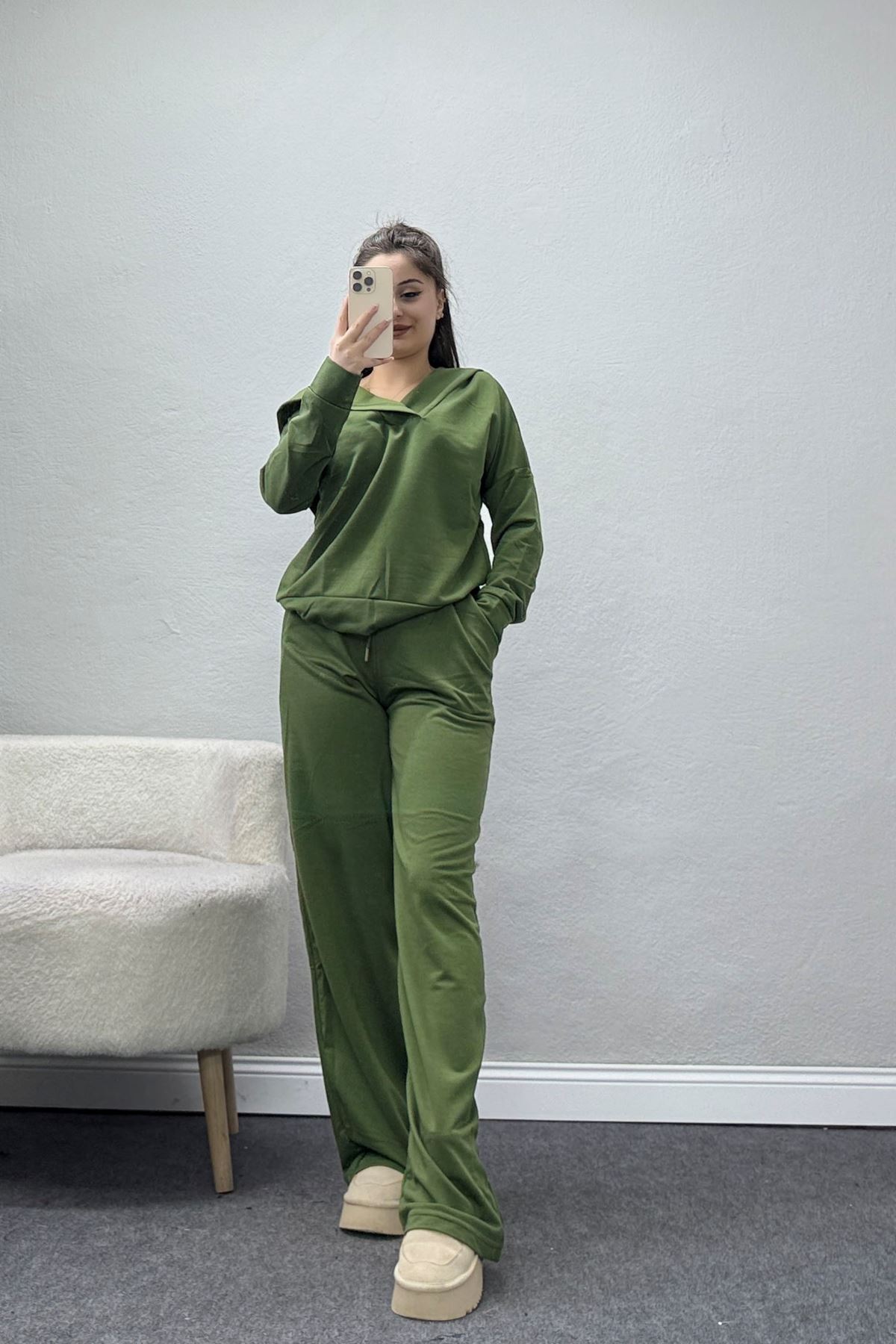 Kruvaze Yaka Kapşonlu Takım Haki - 30094.1857.