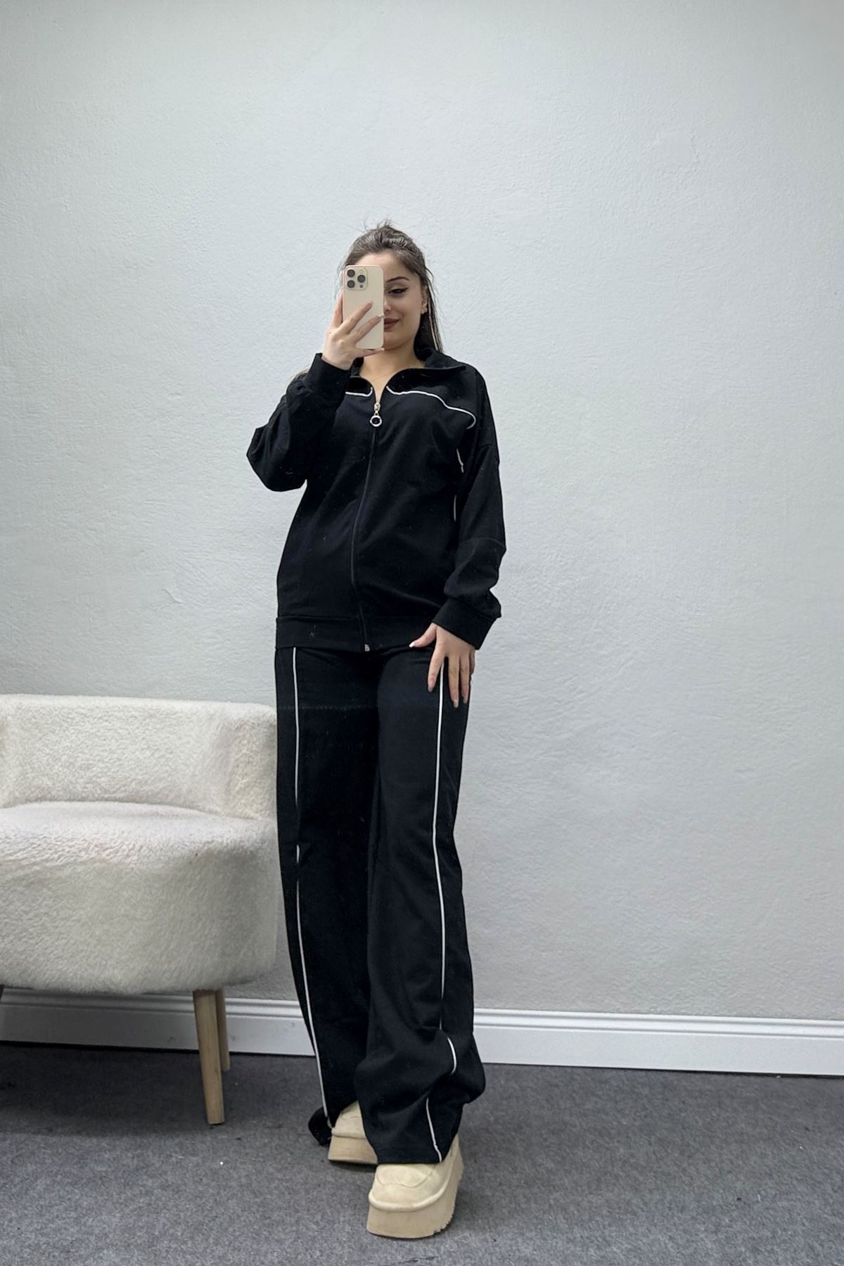 Biyeli Dik Yaka 2 İplik Eşofman Takımı Siyah - 40030.1857.