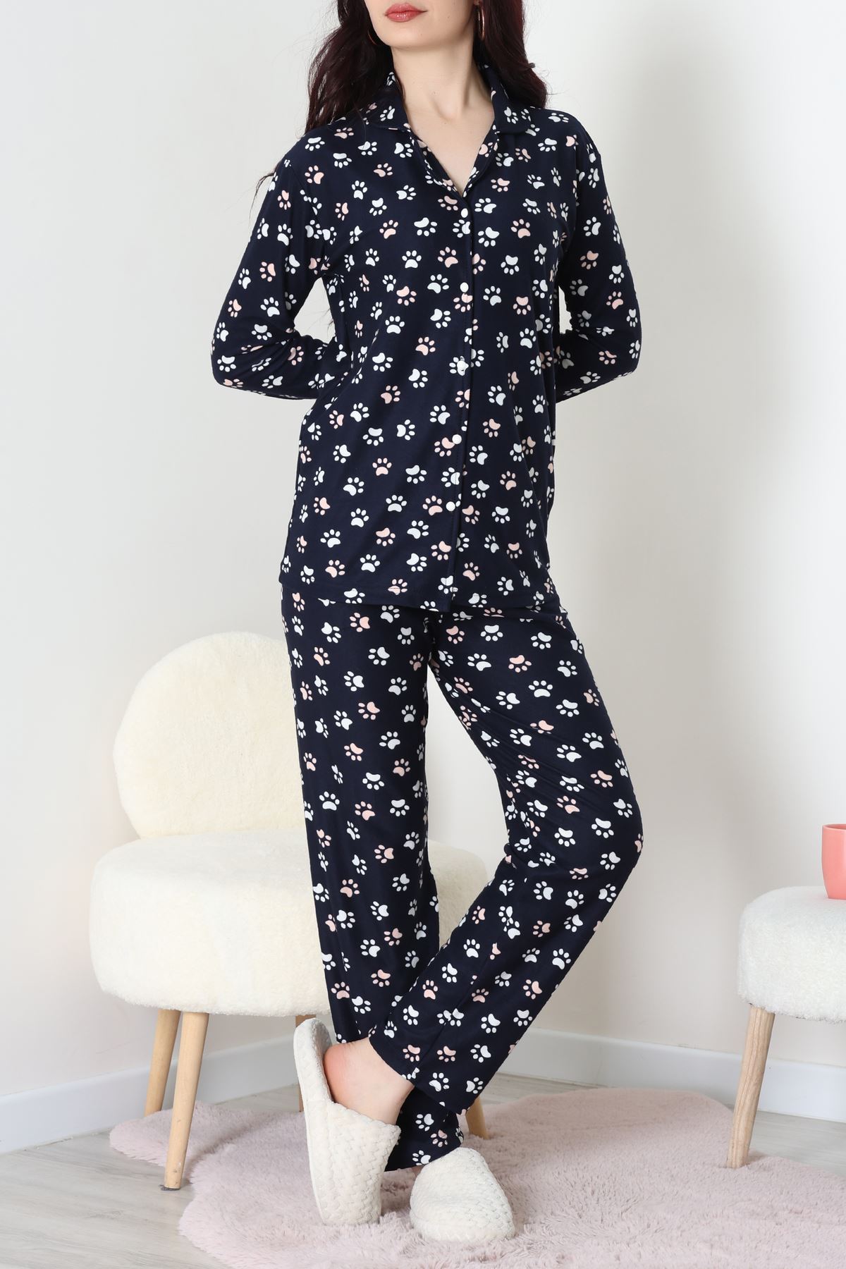 Süet Düğmeli Pijama Takımı Lacibeyaz - 55014.1048.