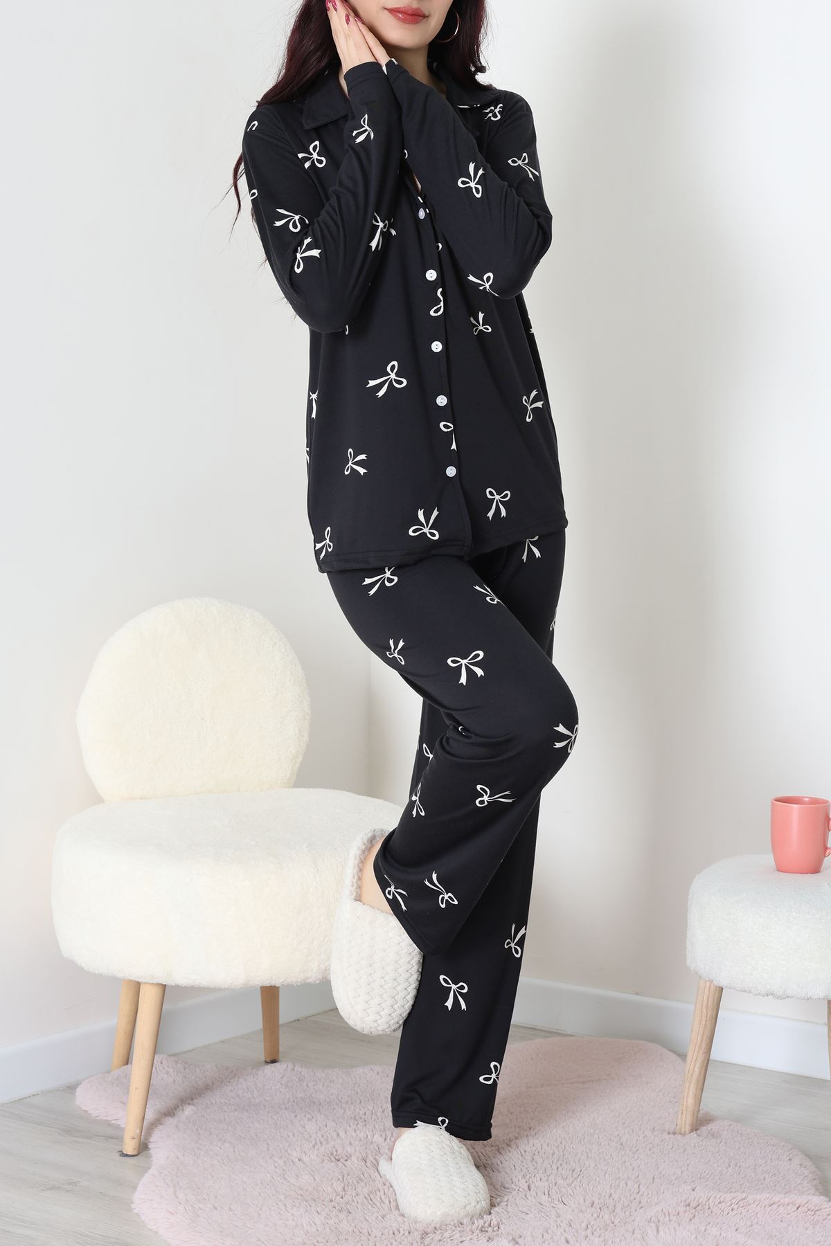 Soft Milan Düğmeli Pijama Takımı Siyahbeyaz - 7511.1287.