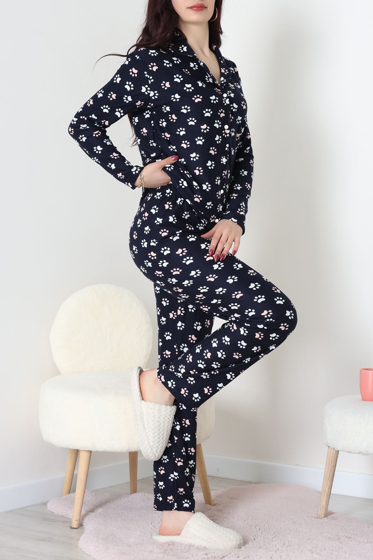 Süet Düğmeli Pijama Takımı Lacibeyaz - 55014.1048.