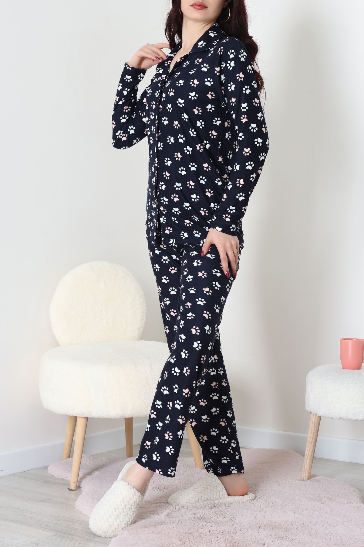 Süet Düğmeli Pijama Takımı Lacibeyaz - 55014.1048.