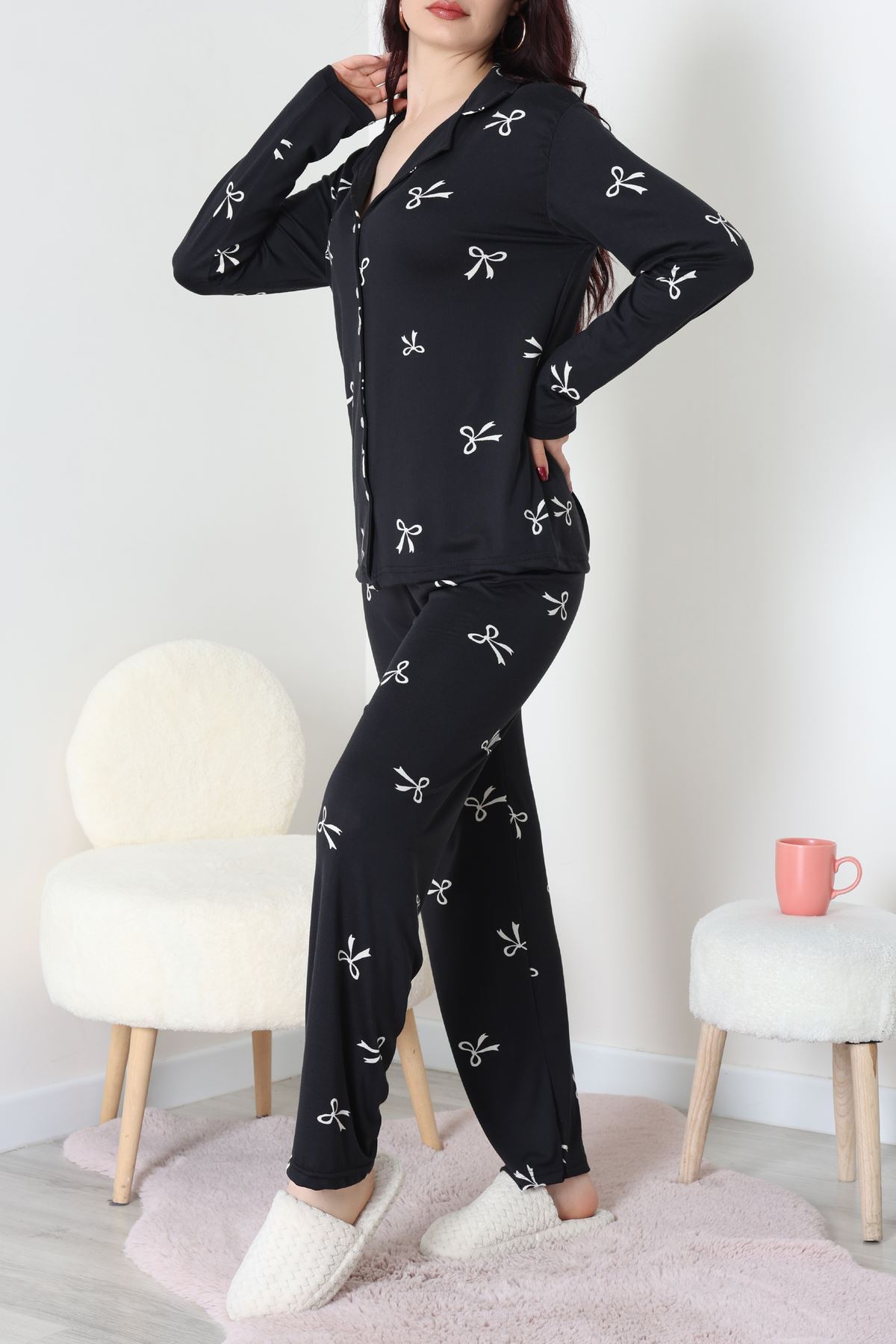 Soft Milan Düğmeli Pijama Takımı Siyahbeyaz - 7511.1287.