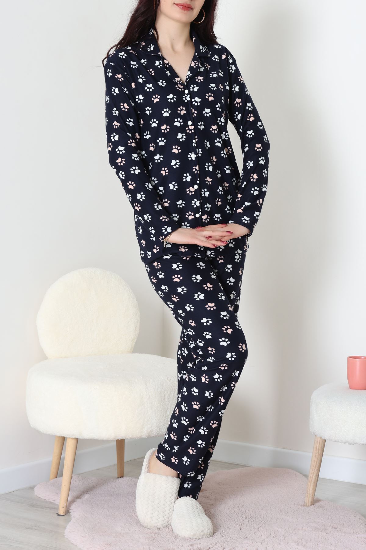 Süet Düğmeli Pijama Takımı Lacibeyaz - 55014.1048.