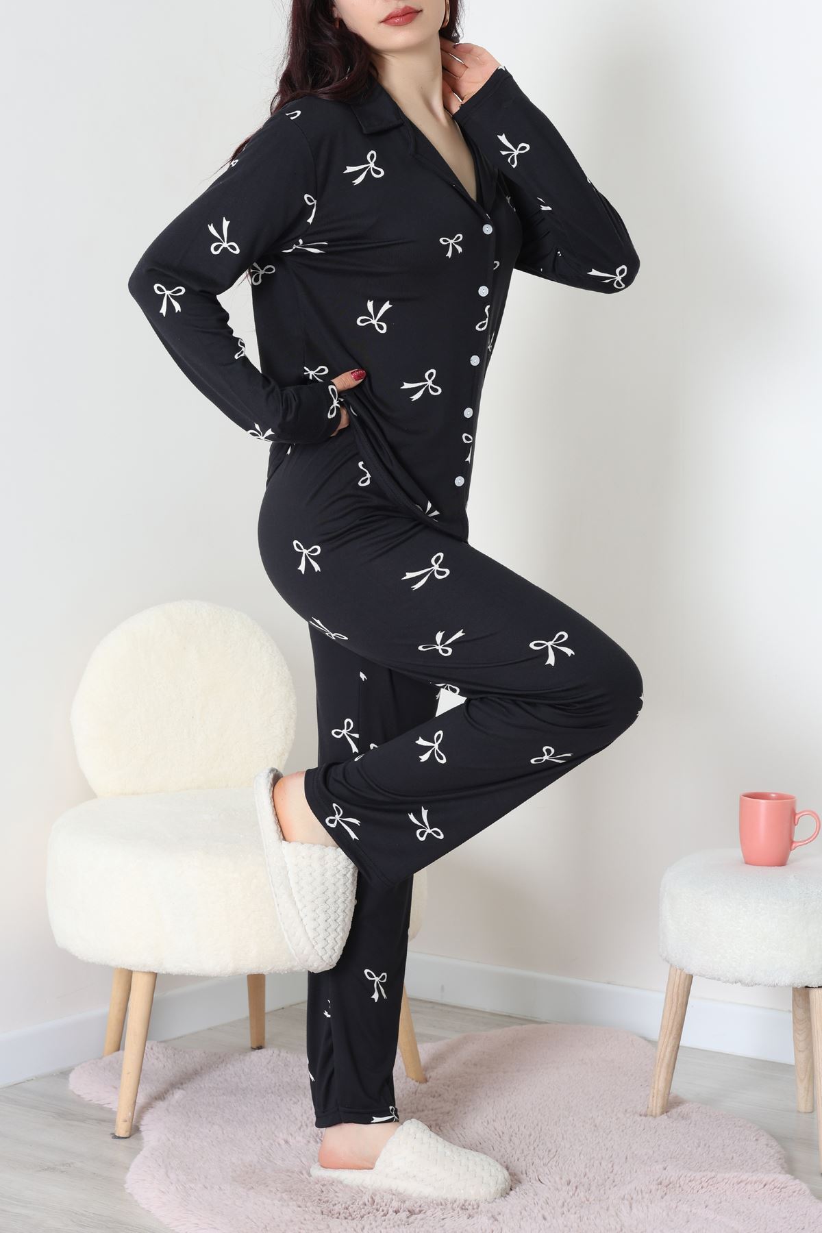 Soft Milan Düğmeli Pijama Takımı Siyahbeyaz - 7511.1287.