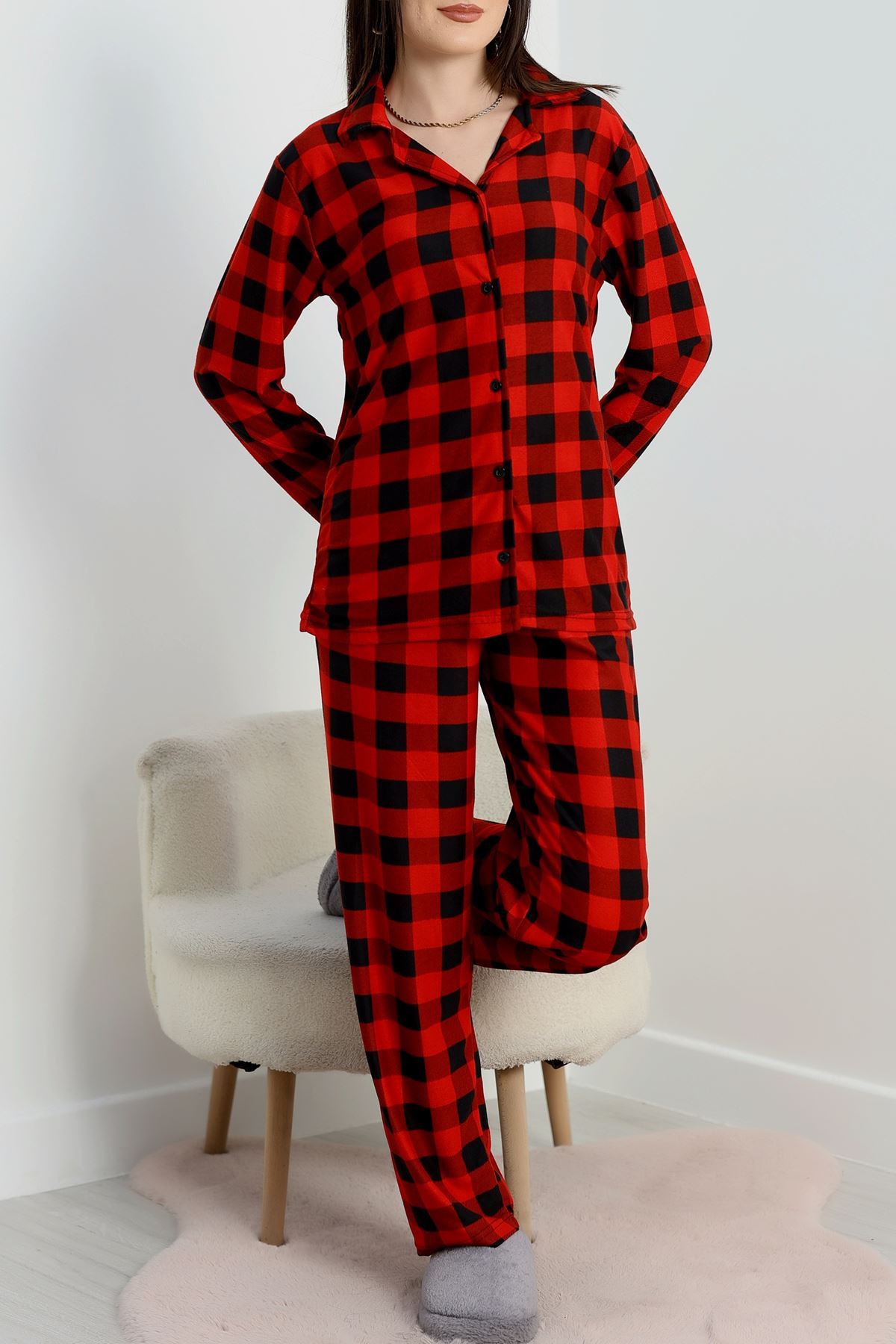 Düğmeli Süet Pijama Takımı Kırmızıekose - 450.1287.