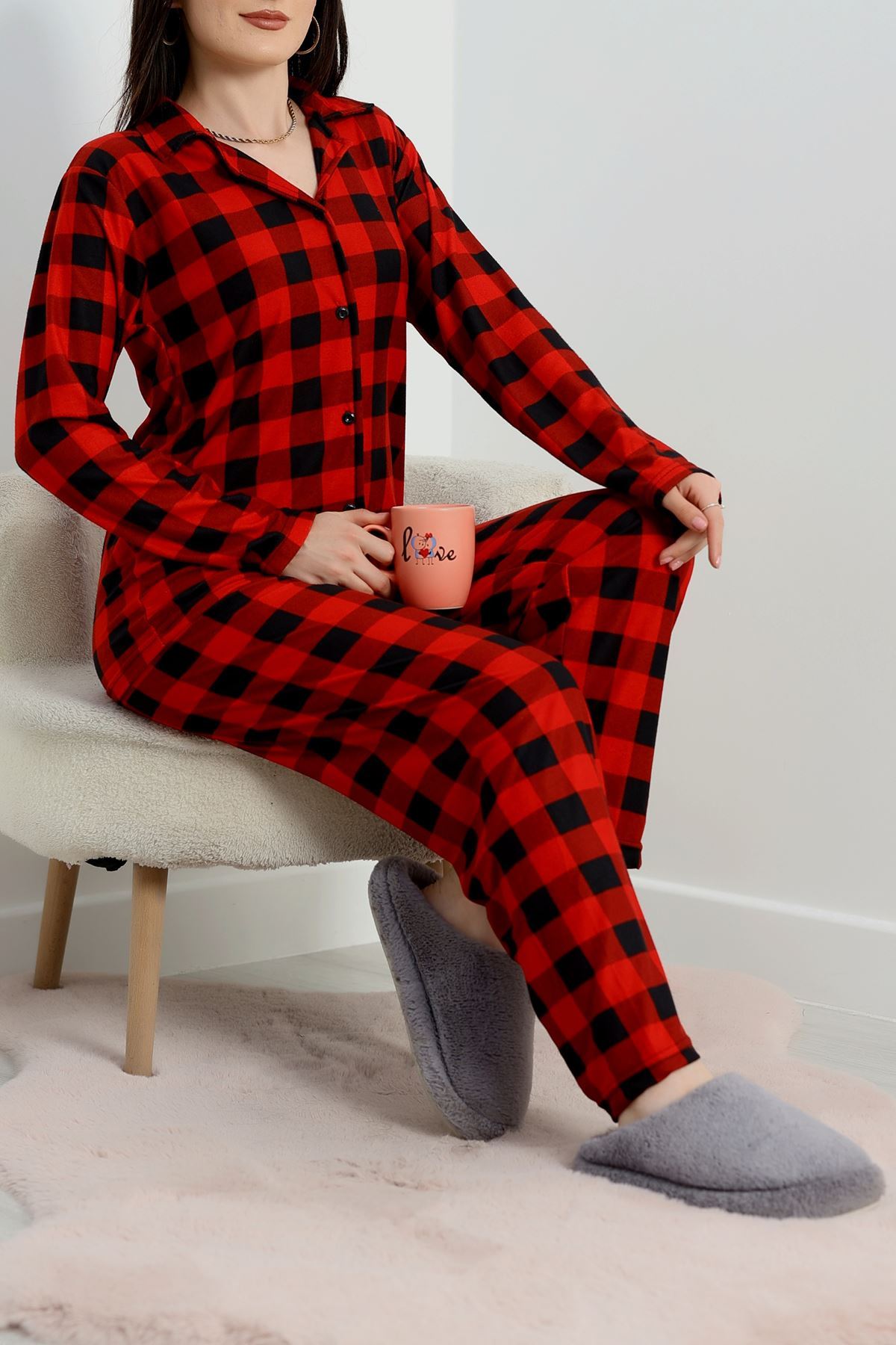 Düğmeli Süet Pijama Takımı Kırmızıekose - 450.1287.