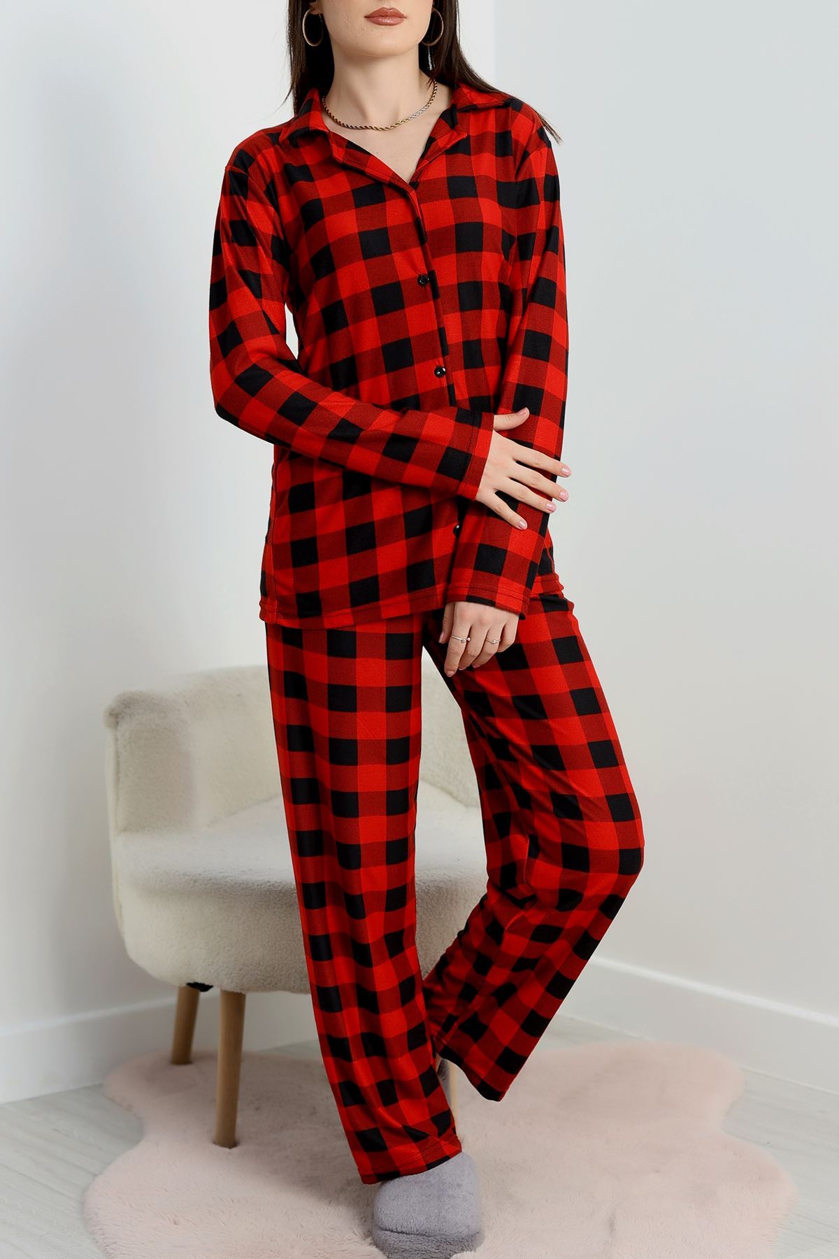 Düğmeli Süet Pijama Takımı Kırmızıekose - 450.1287.