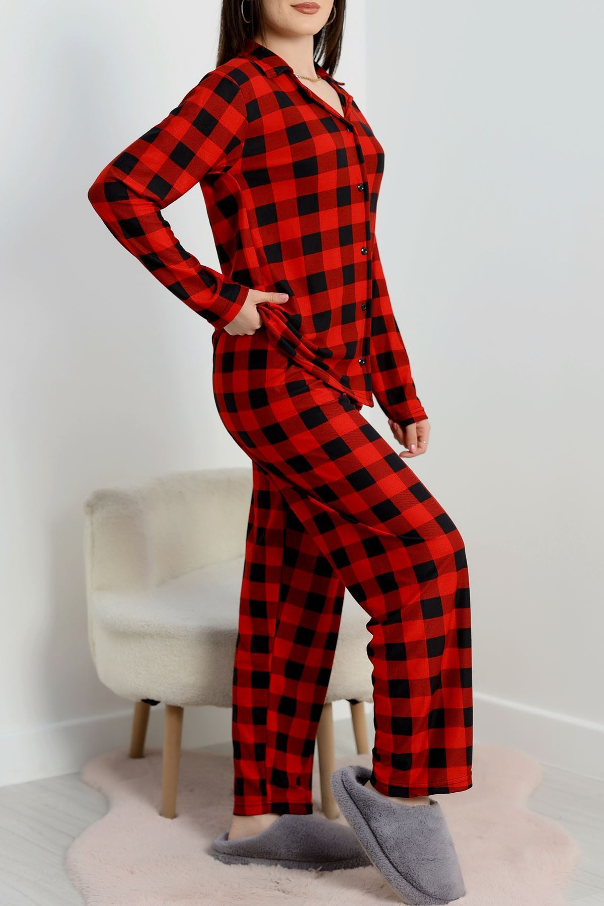 Düğmeli Süet Pijama Takımı Kırmızıekose - 450.1287.