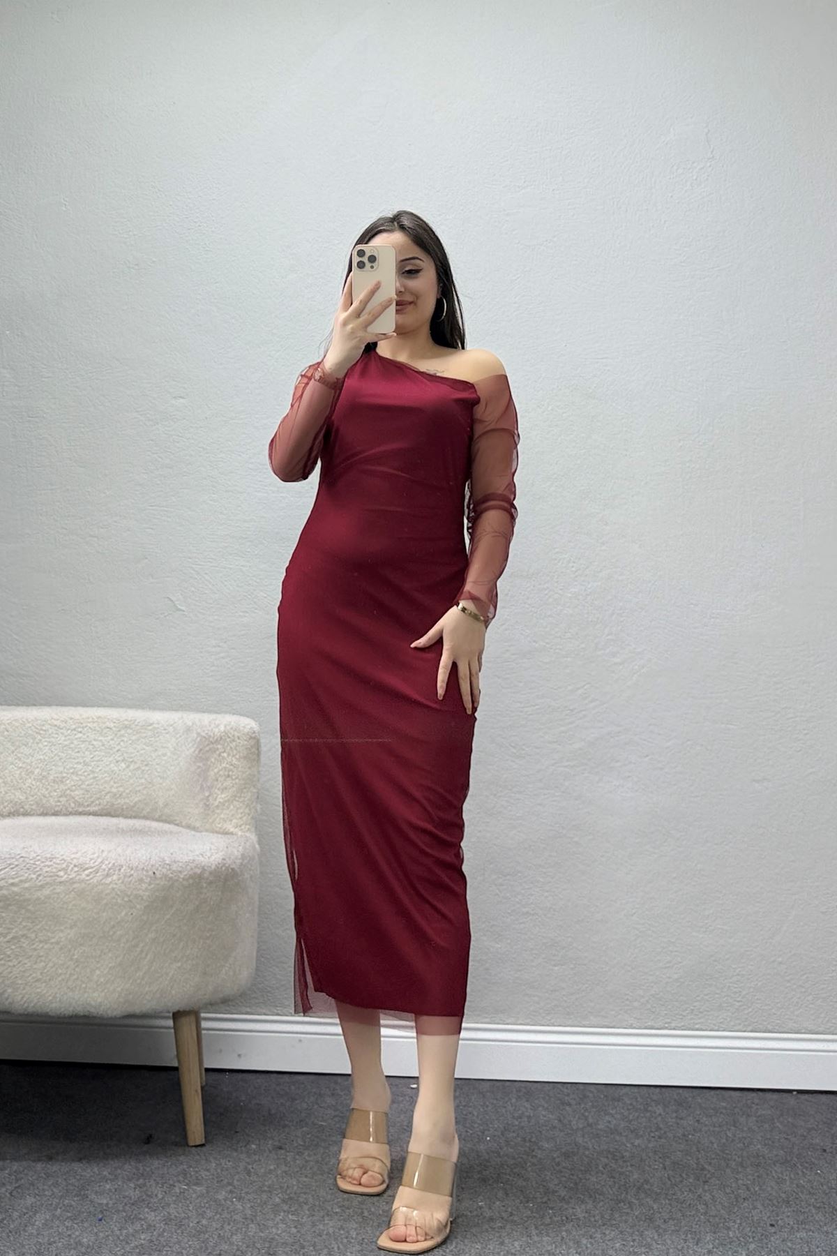 Omuz Detay Büzgülü Elbise Bordo - 30259.1592.